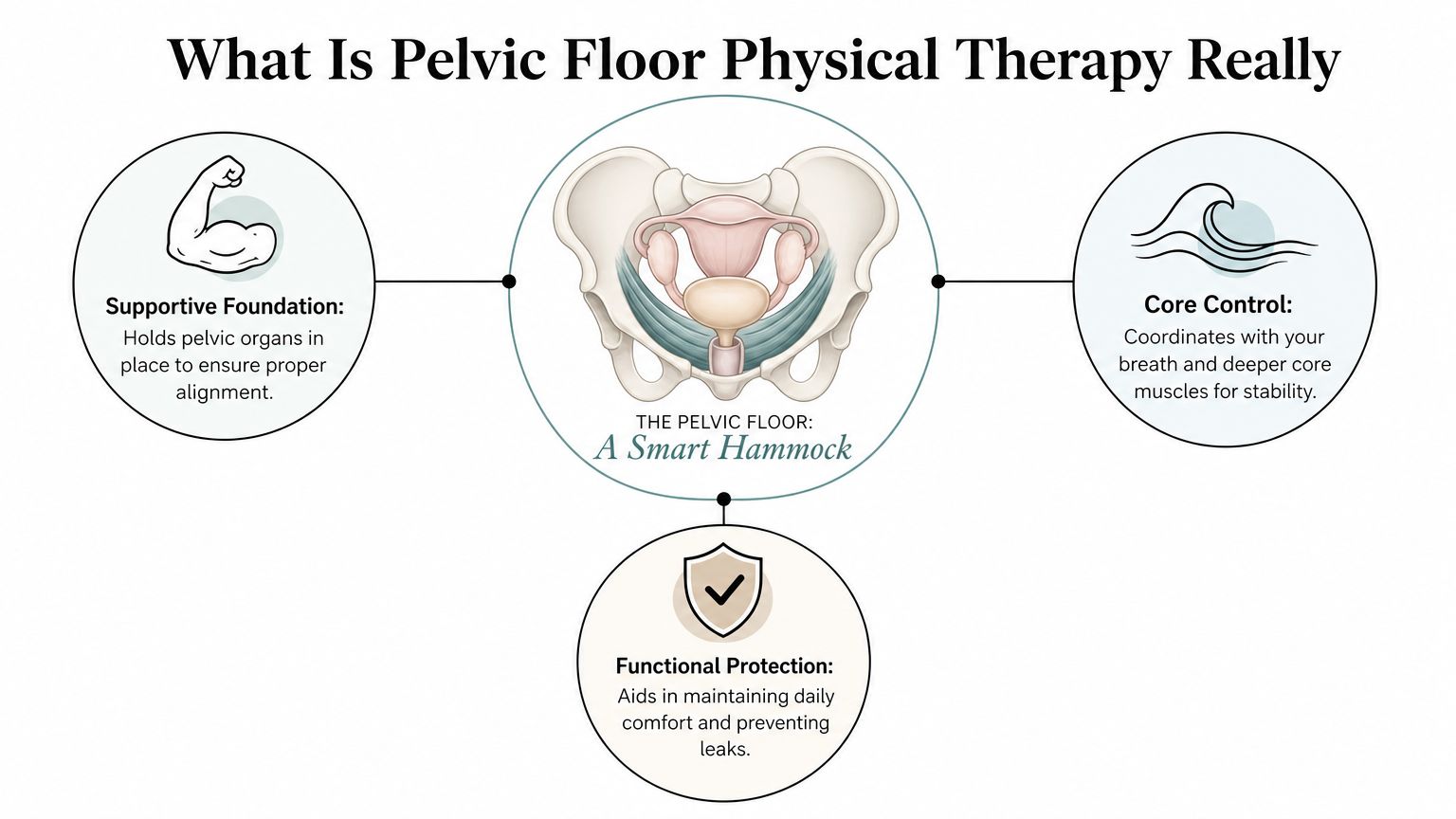 An infographic titled What Is Pelvic Floor Physical Therapy showing the pelvic floor as a supportive hammock.