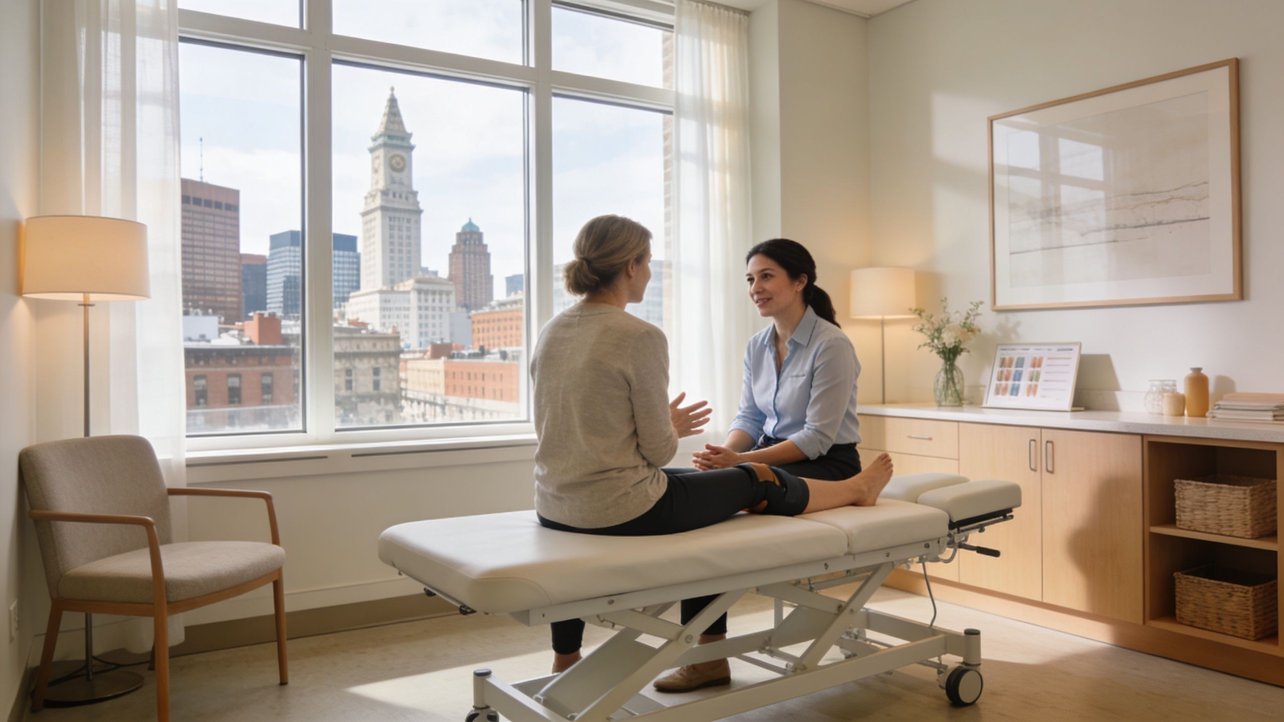 A physical therapist consults with a patient sitting on a treatment table in a Boston office.