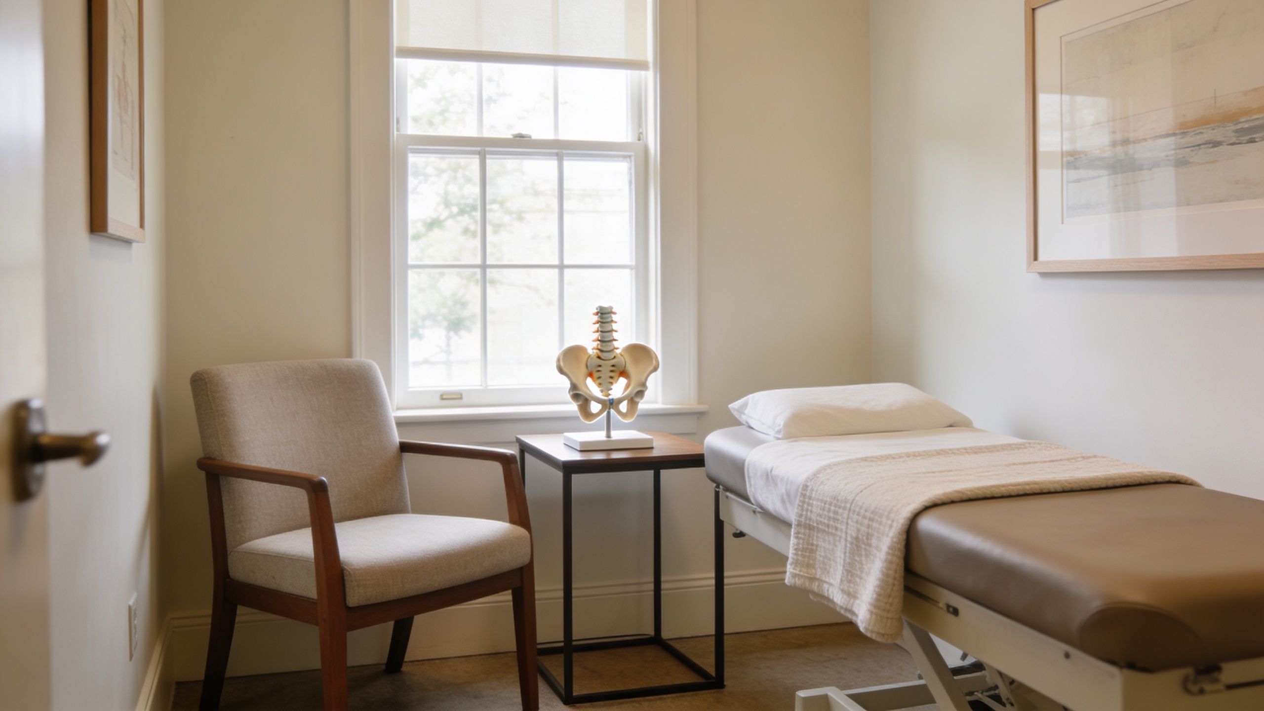 A quiet physical therapy treatment room featuring an examination table, a chair, and a skeletal pelvic model.