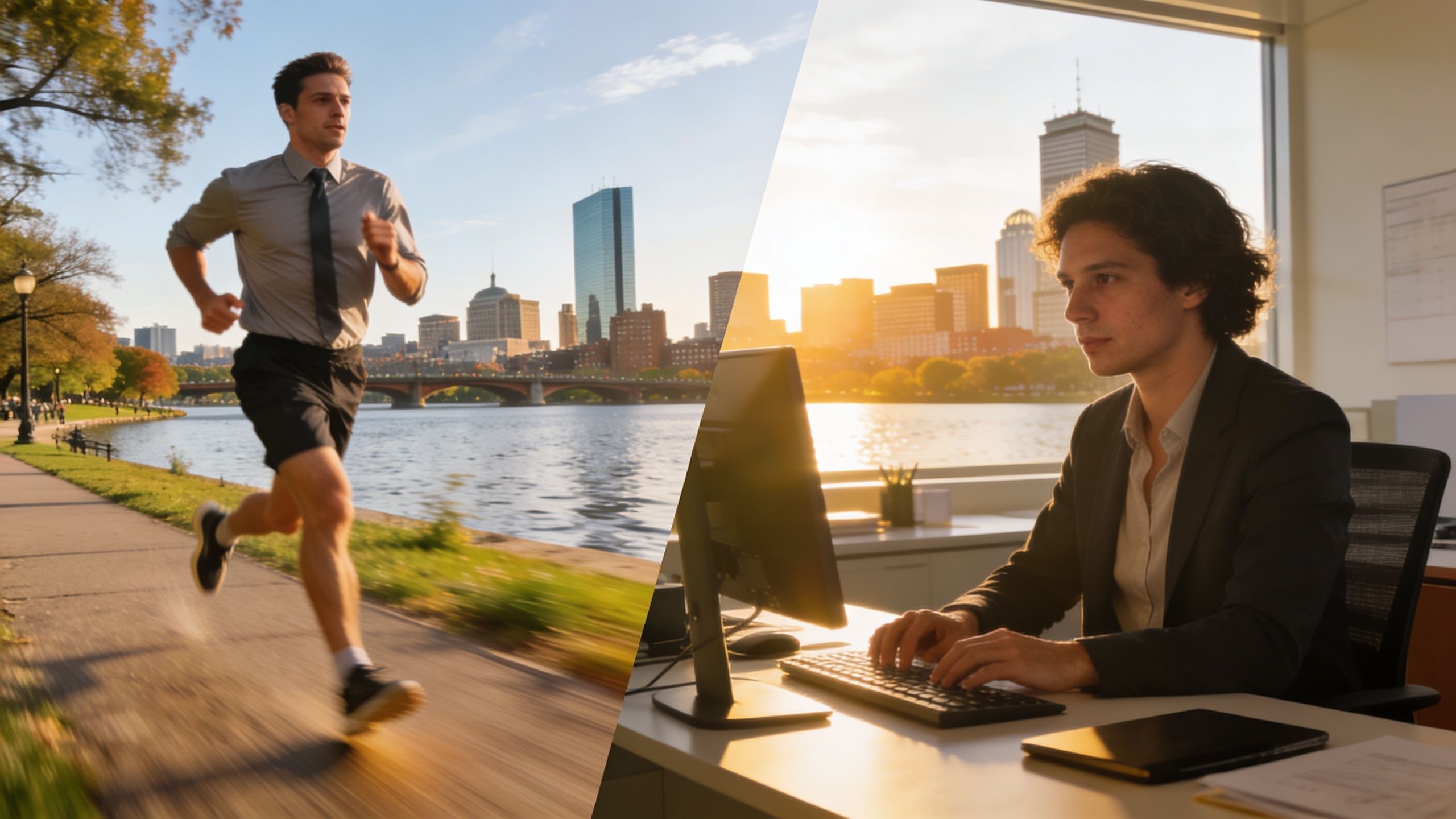 A split image showing a man jogging in Back Bay Boston next to himself working in an office.