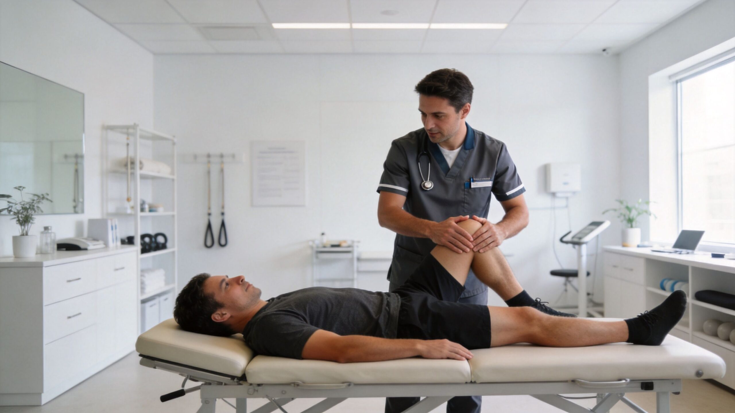 A professional physical therapist examines a patient's knee injury during a rehabilitation session in a clinic.