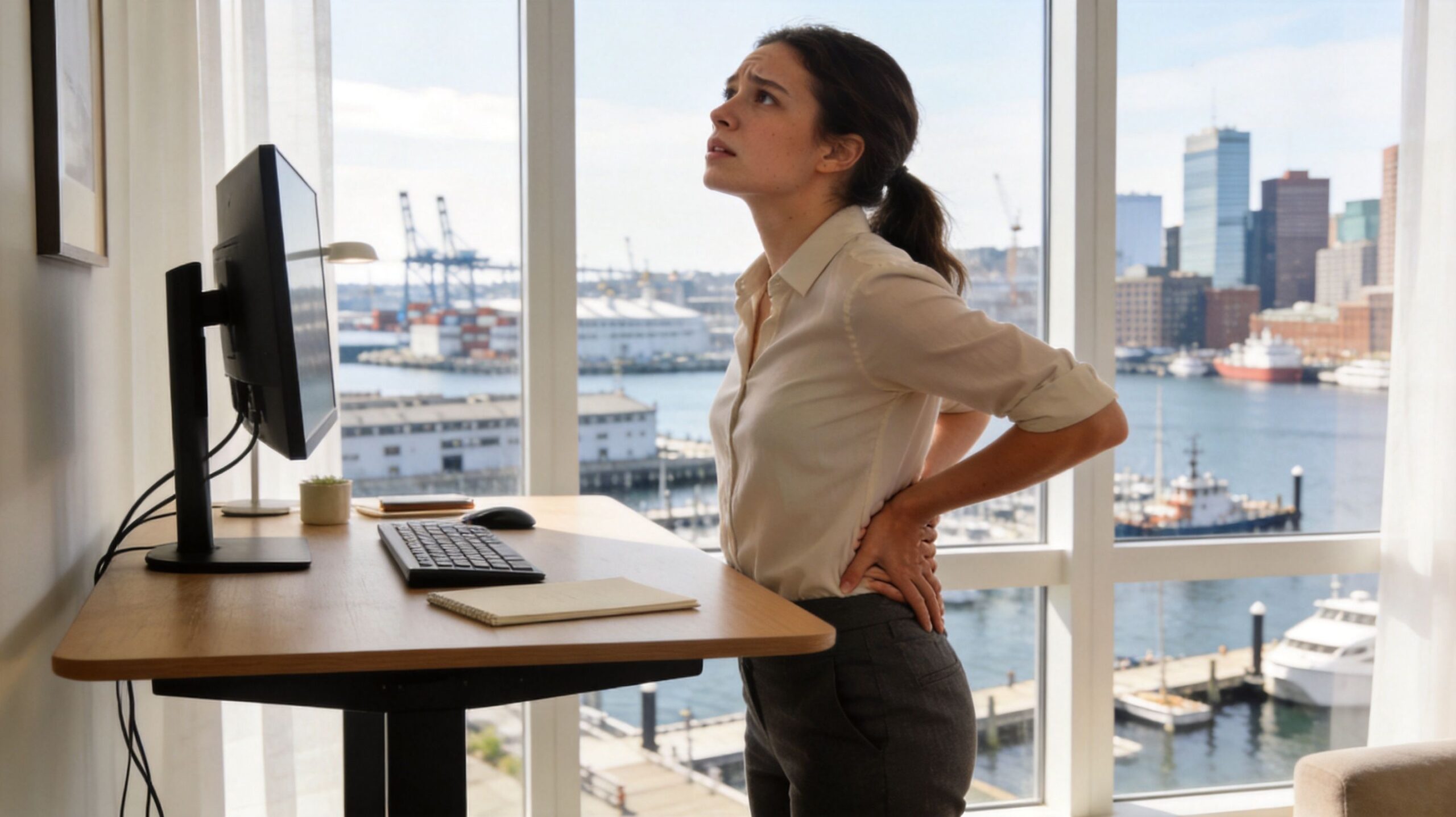 A professional woman experiencing back pain while standing at her height-adjustable desk in a Boston office.