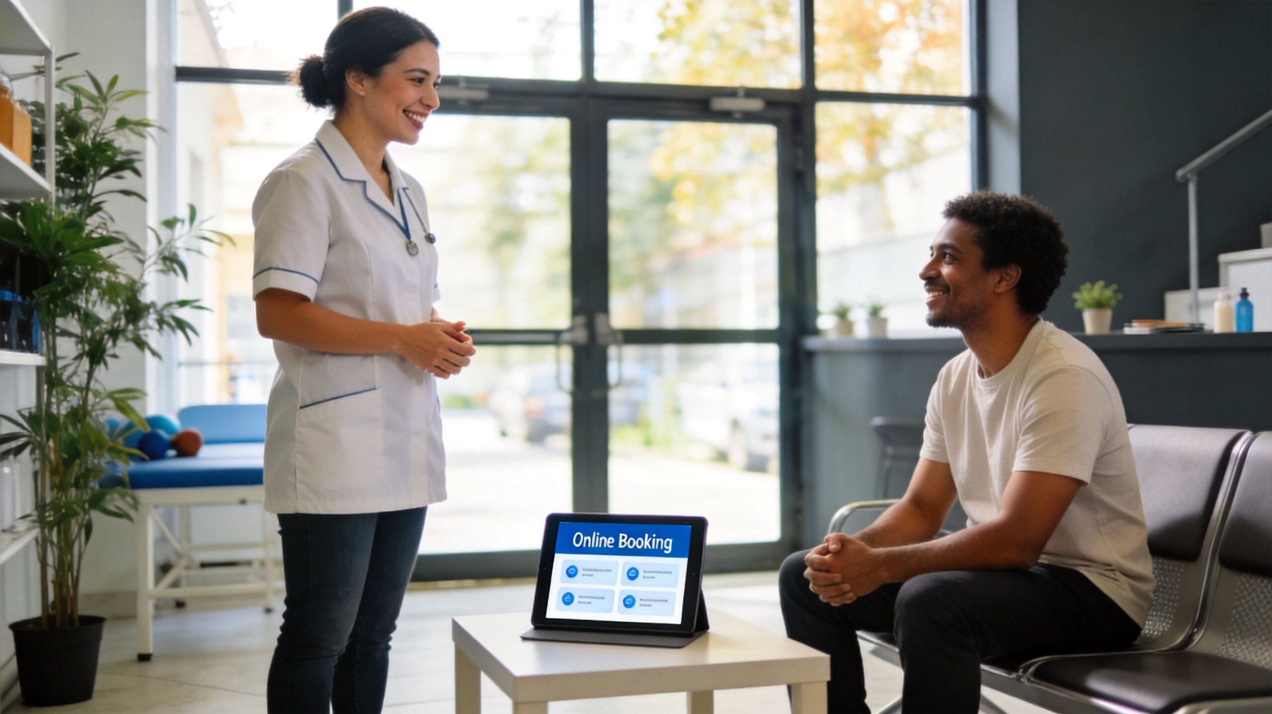 A friendly physical therapist talking with a patient sitting in a modern clinic waiting area.