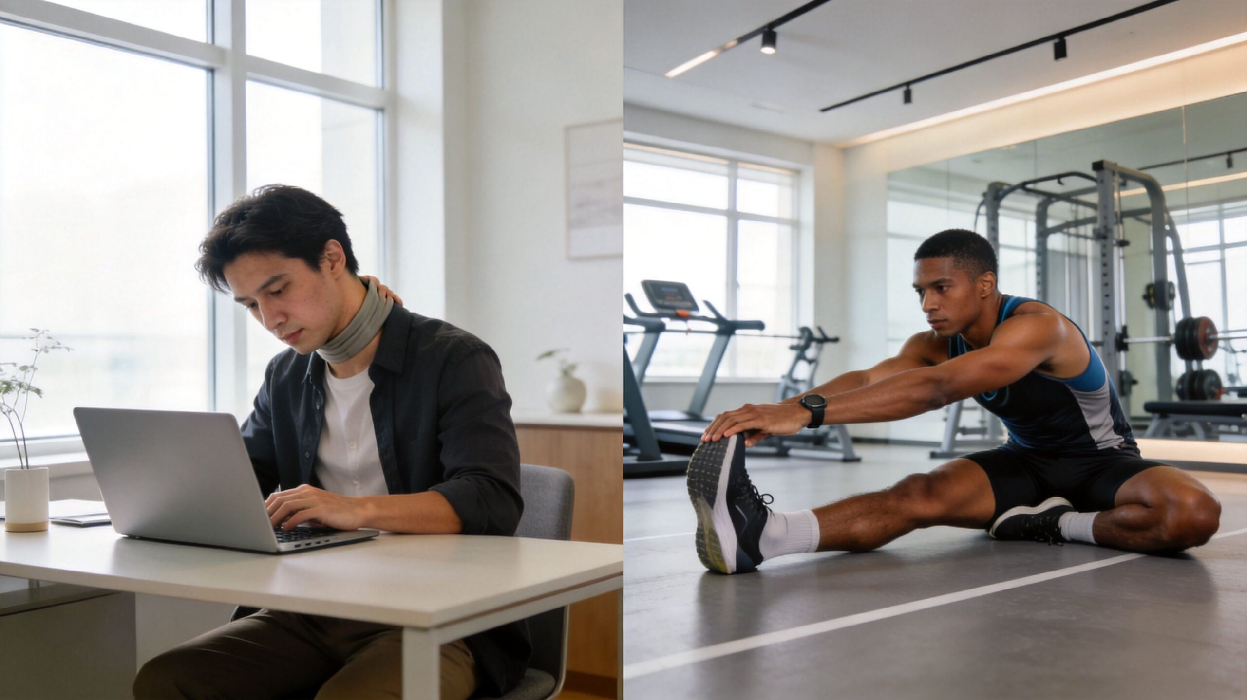 A split image showing a person with a neck brace using a laptop and a fit athlete stretching.