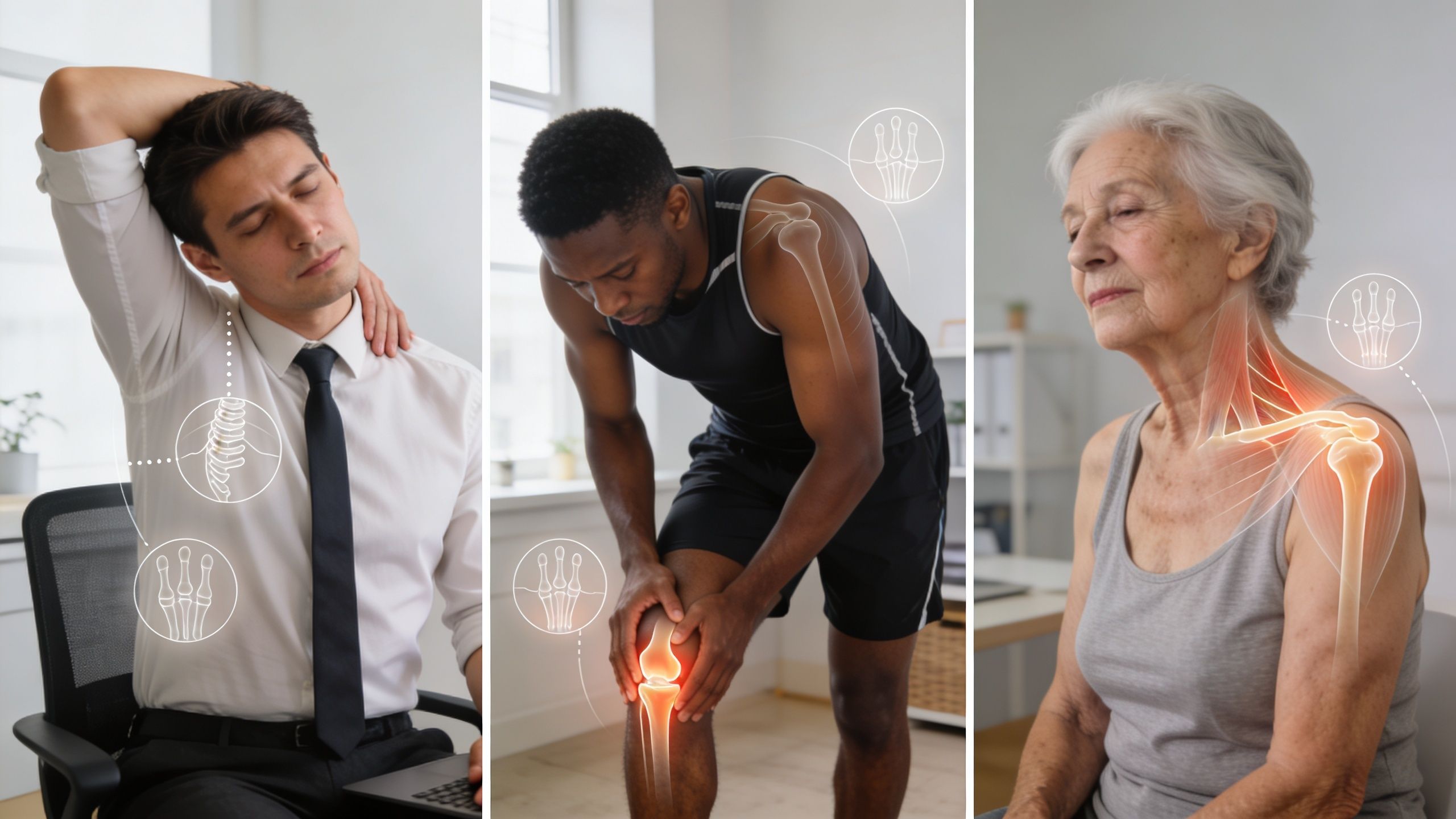 Three individuals experiencing different types of musculoskeletal pain with medical diagrams showing affected joints and muscles.