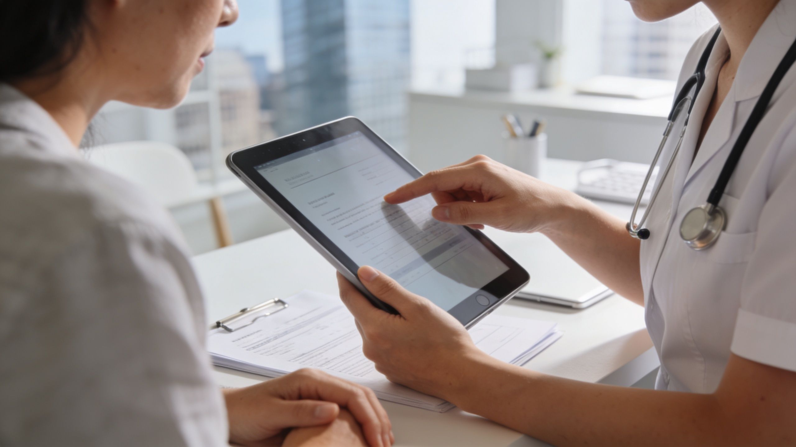 A healthcare professional explains digital medical forms on a tablet to a patient during a clinic consultation.