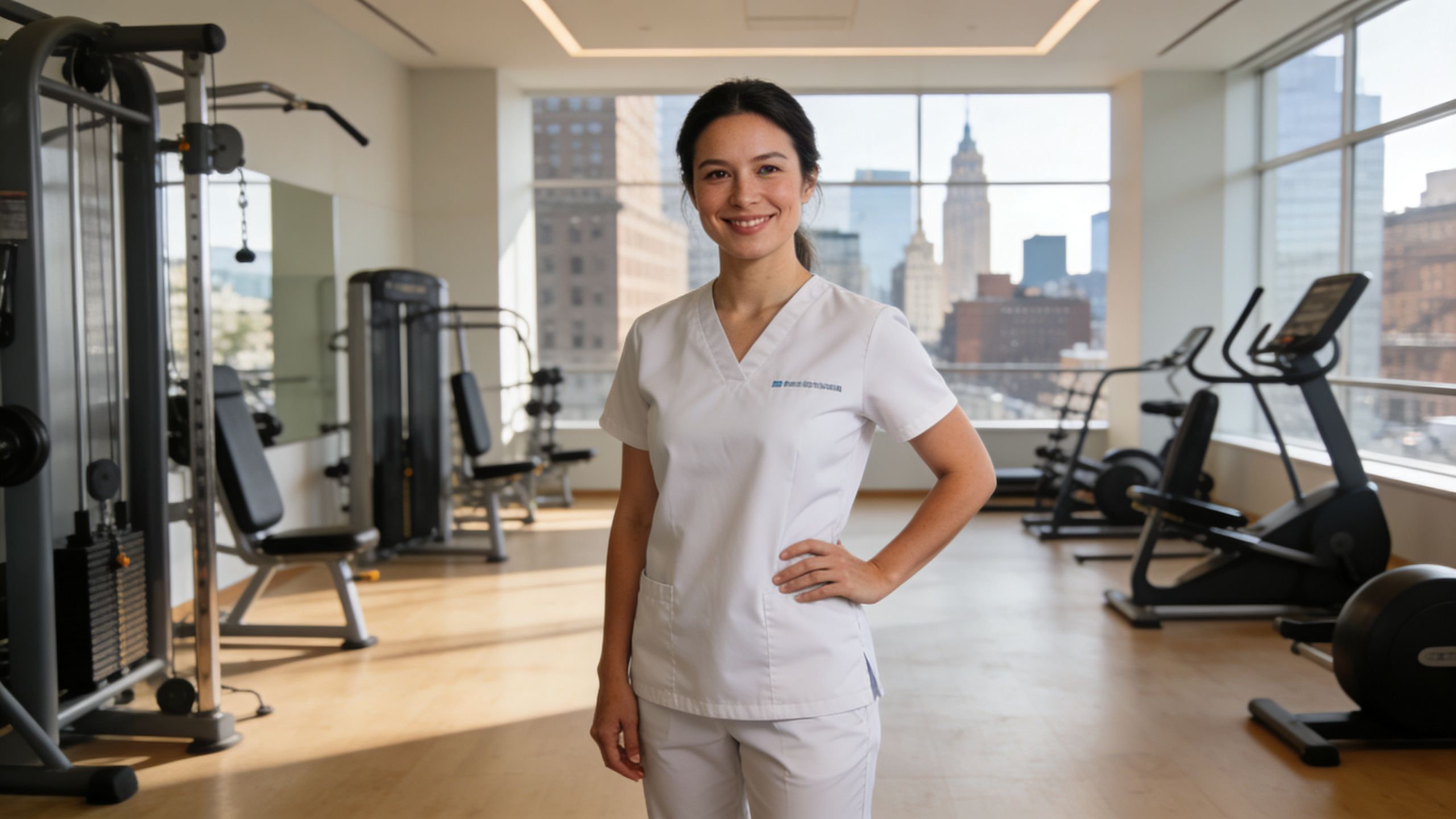 A smiling physical therapist in white scrubs standing in a modern gym with city skyline views.