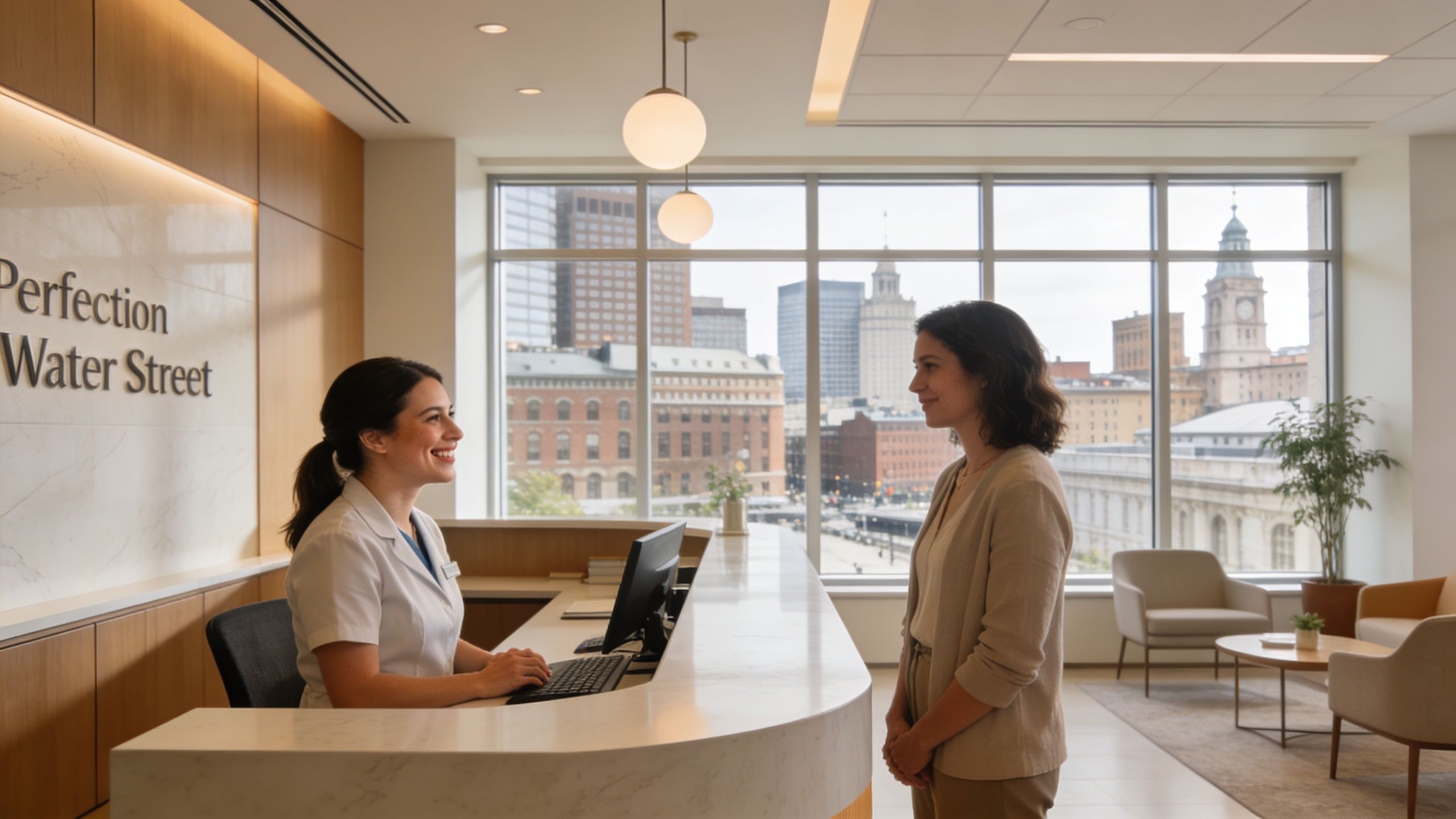 A friendly receptionist in a white uniform assists a patient at a modern medical office front desk.