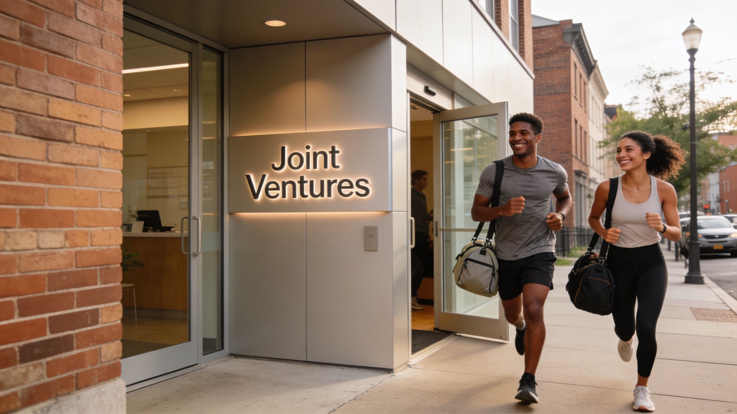 A man and woman in athletic wear jogging out of a building labeled Joint Ventures in Boston.