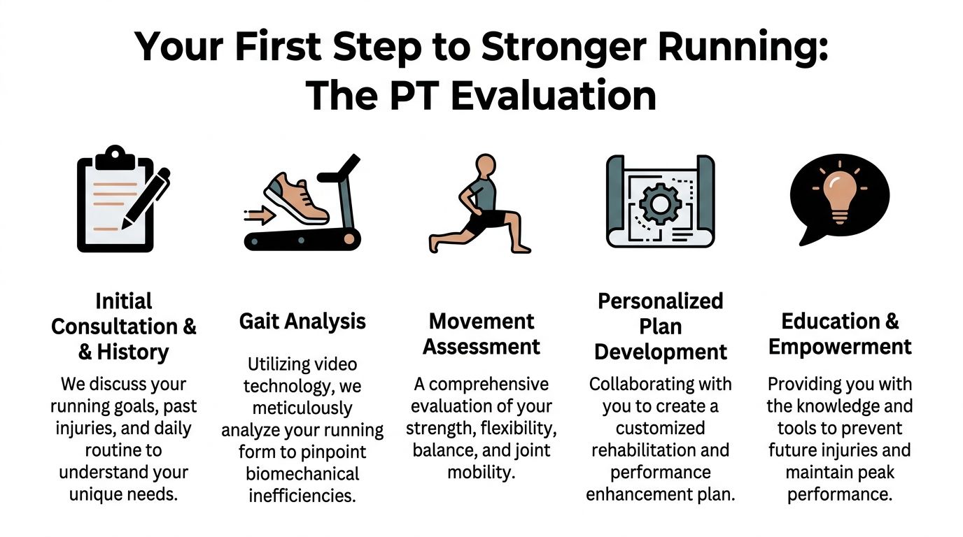 An infographic showing the five steps of a physical therapy evaluation for runners to improve performance.
