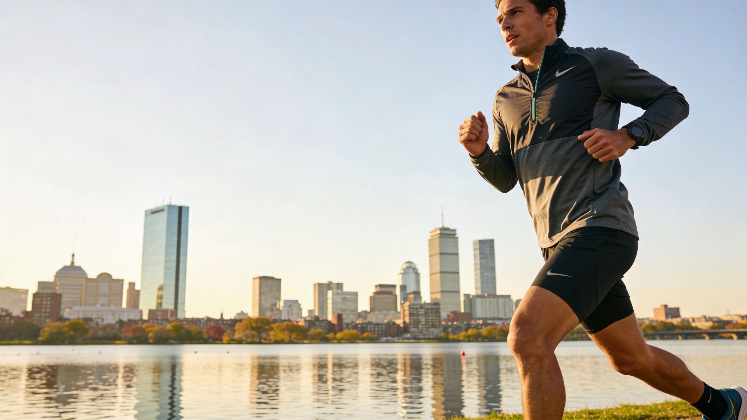 A male runner jogging along the Charles River with the Boston city skyline in the background.