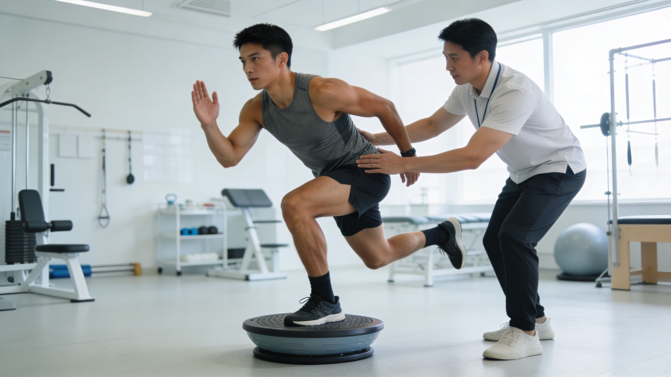 A physical therapist guiding a runner through a balance exercise on a bosu ball in a clinic.