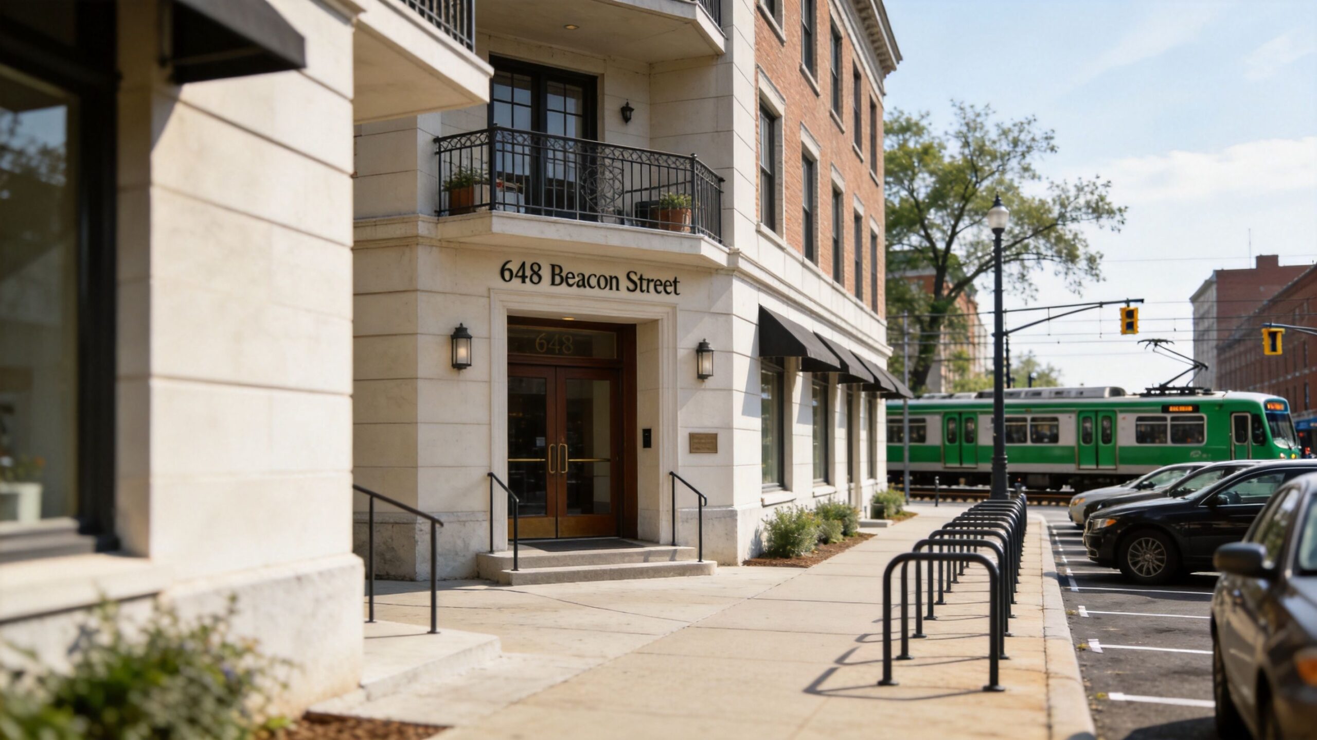 Exterior view of 648 Beacon Street in Boston near the Kenmore Square transit stop and street parking.