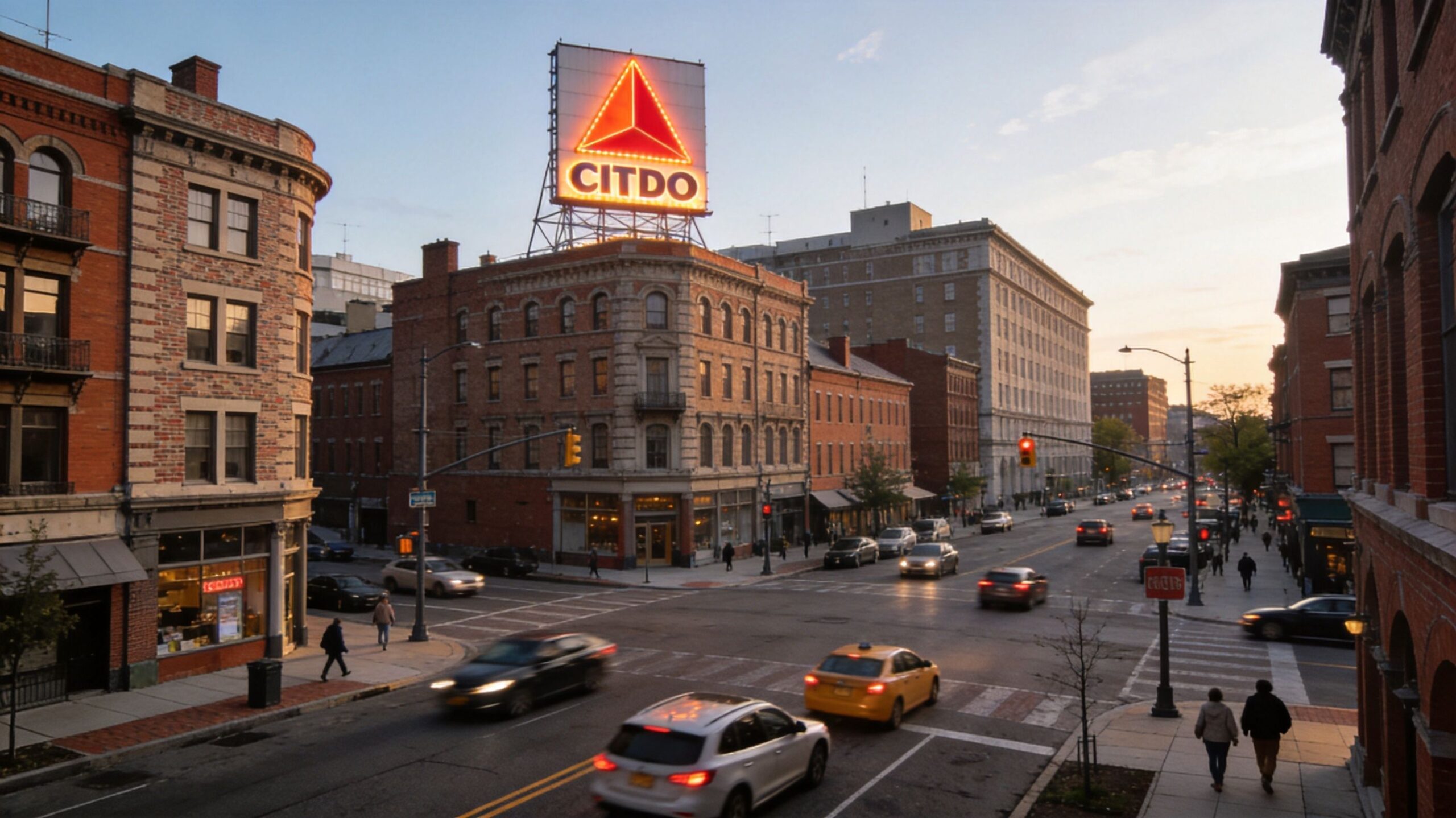 A scenic view of the iconic Citgo sign overlooking a busy intersection in Kenmore Square, Boston.