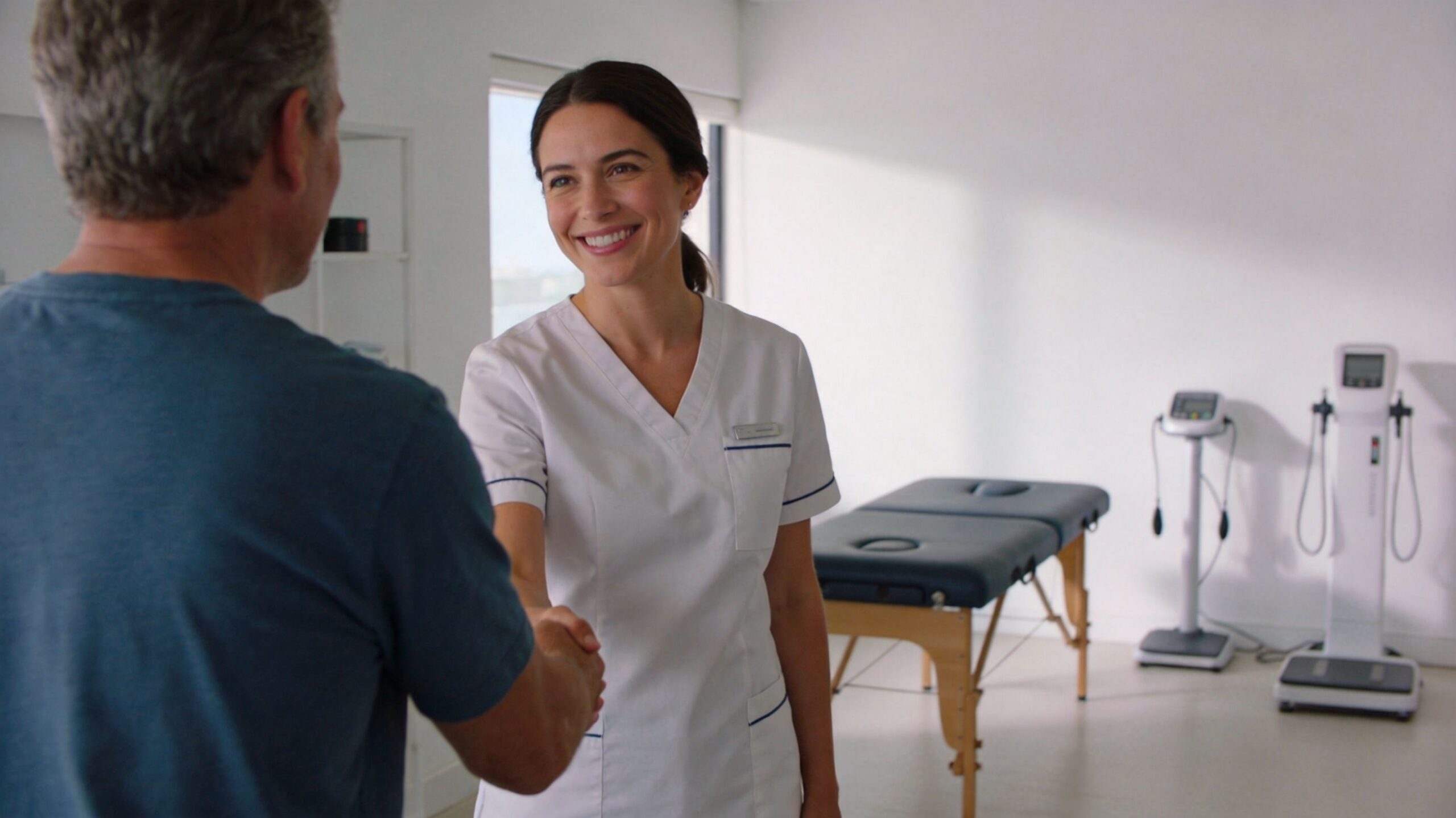 A smiling physical therapist shakes hands with a male patient in a bright, modern therapy clinic.