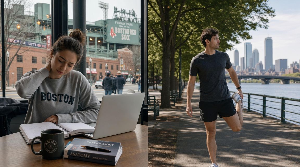 A split screen showing a student studying in a cafe near Fenway Park and a runner stretching outdoors.