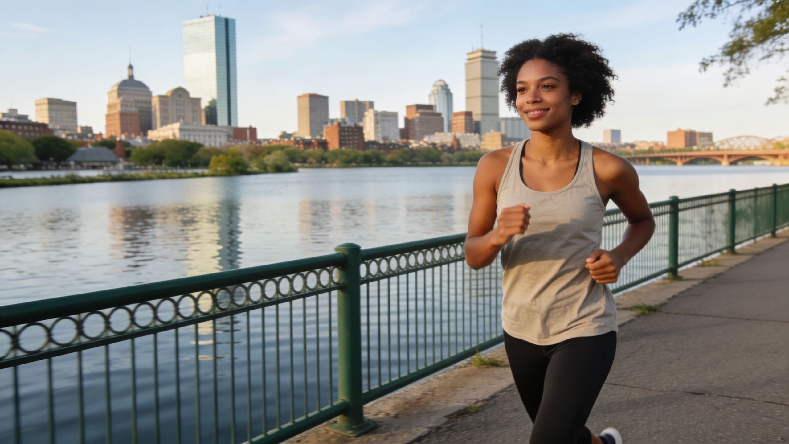 A happy young woman running along the Charles River with the Boston skyline in the background.