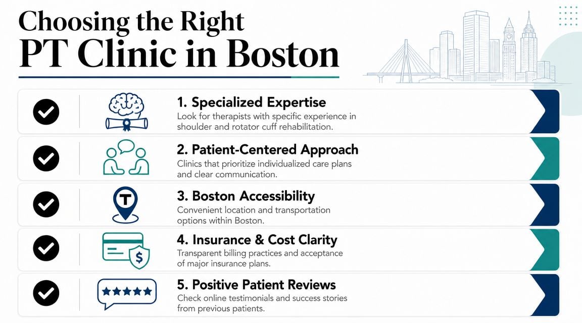 A helpful infographic listing five tips for choosing a physical therapy clinic in Boston, Massachusetts.