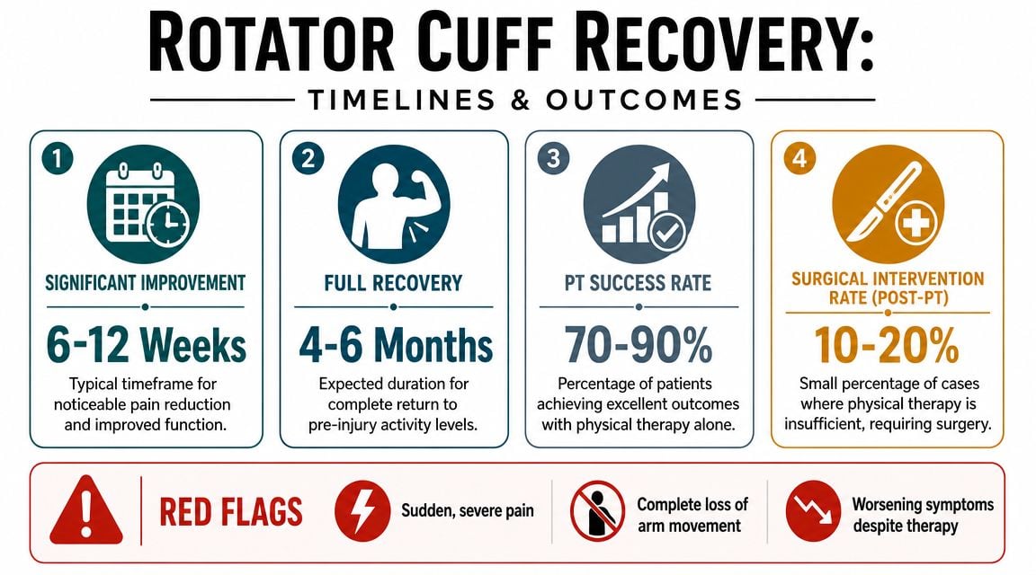 An infographic showing recovery timelines, success rates, and red flags for rotator cuff physical therapy.