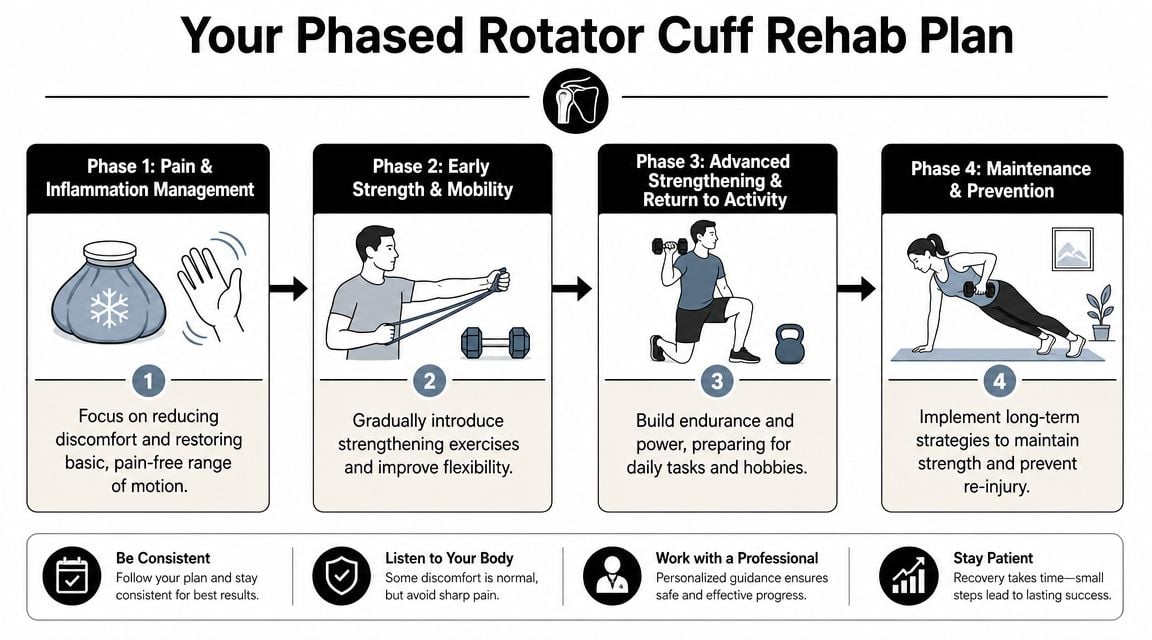A four-phase infographic outlining a rotator cuff rehabilitation plan, from initial pain management to final injury prevention.