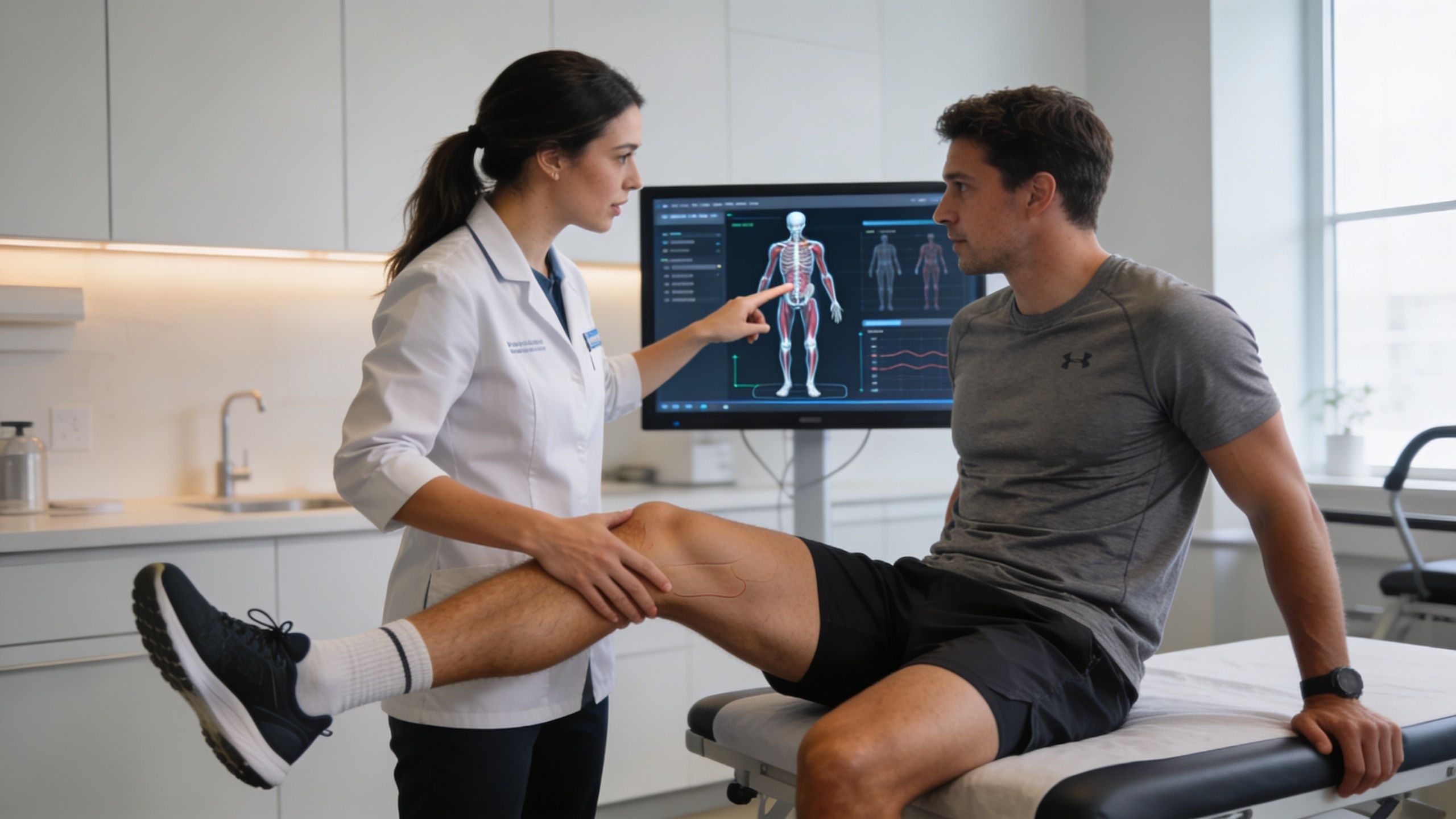 A physical therapist examines a male athlete's injured leg during a consultation in a modern medical clinic.