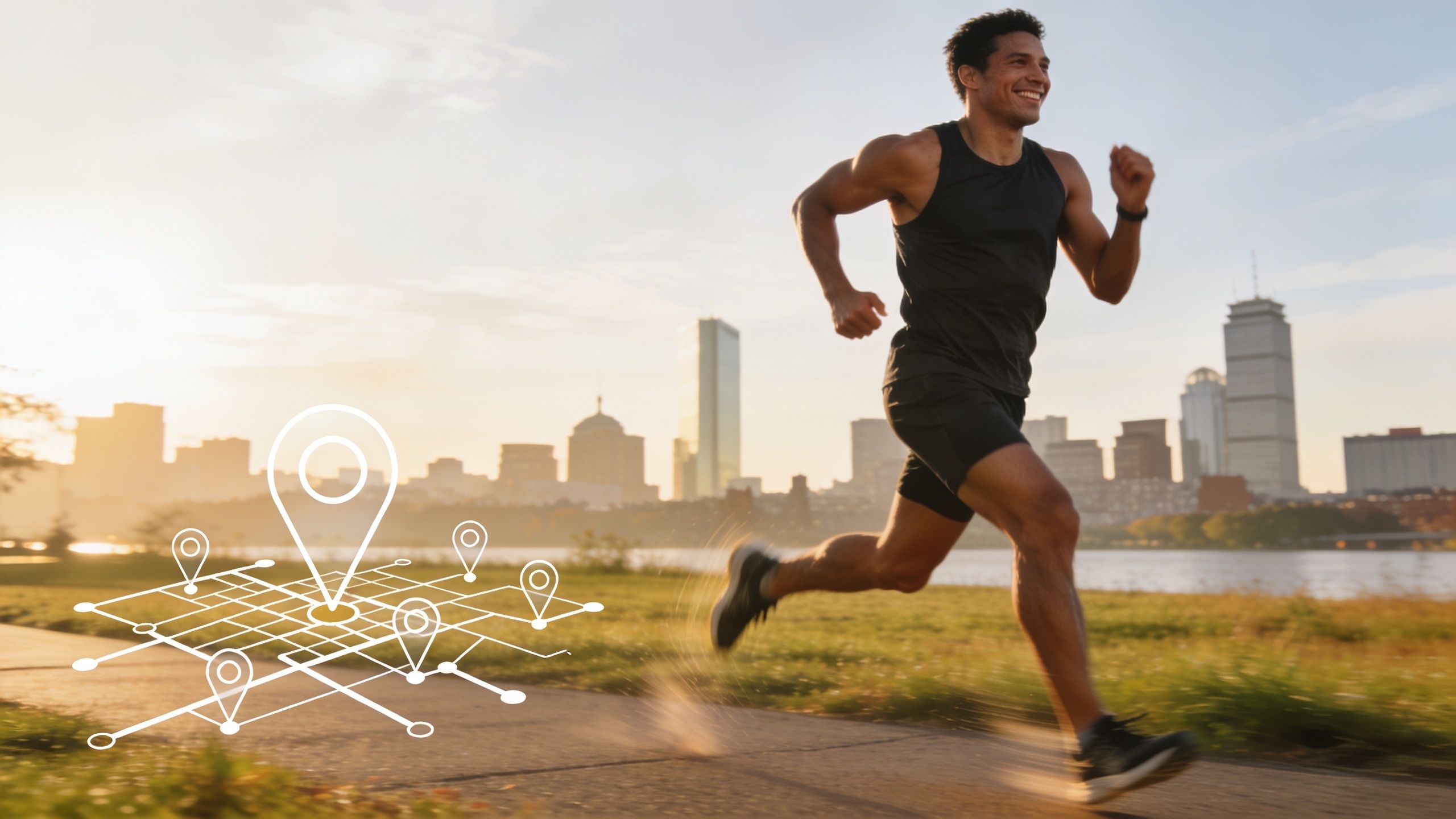 An athletic man running through a park in Boston with digital map location markers overlaying the scene.