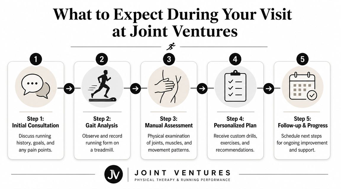 A five-step infographic showing the patient experience during a physical therapy visit at Joint Ventures.