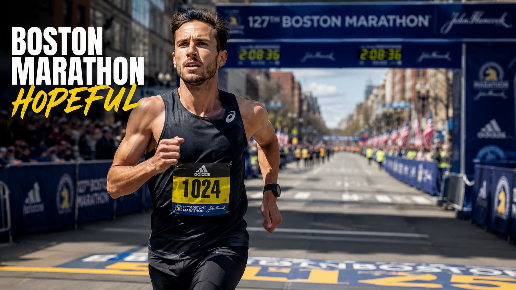 A focused male runner competes in the Boston Marathon wearing bib number 1024 on a sunny day.