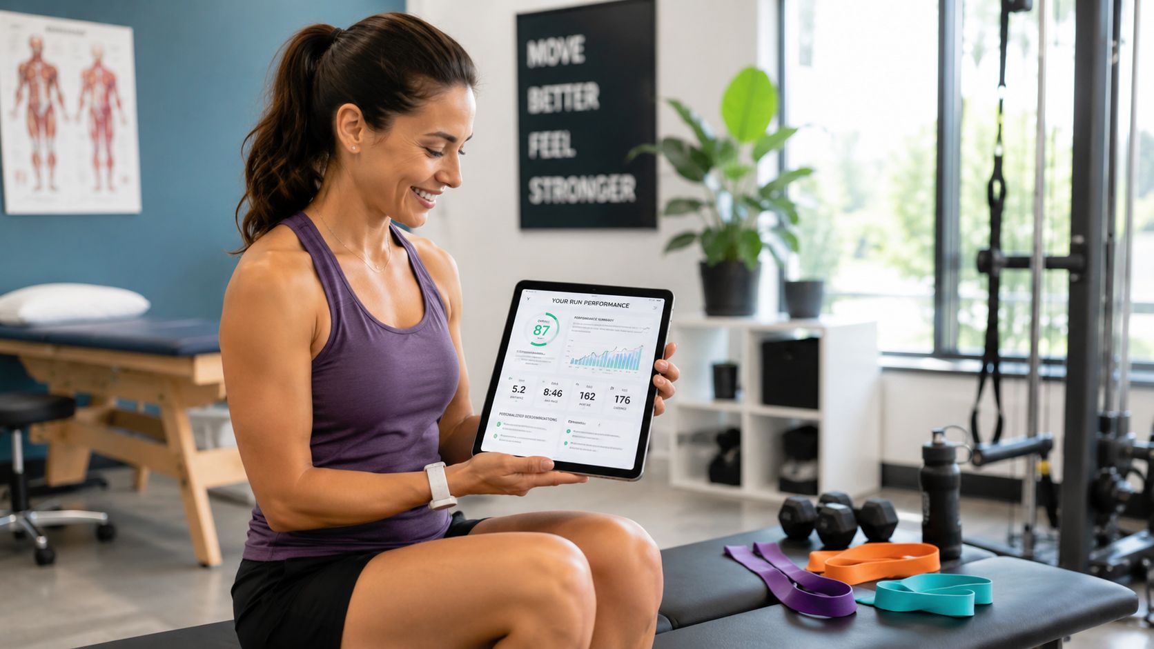 A woman holding a tablet showing running performance statistics inside a physical therapy or training studio.
