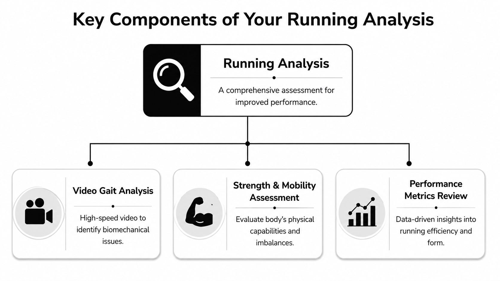 A diagram illustrating the three key components of a professional running performance analysis assessment.
