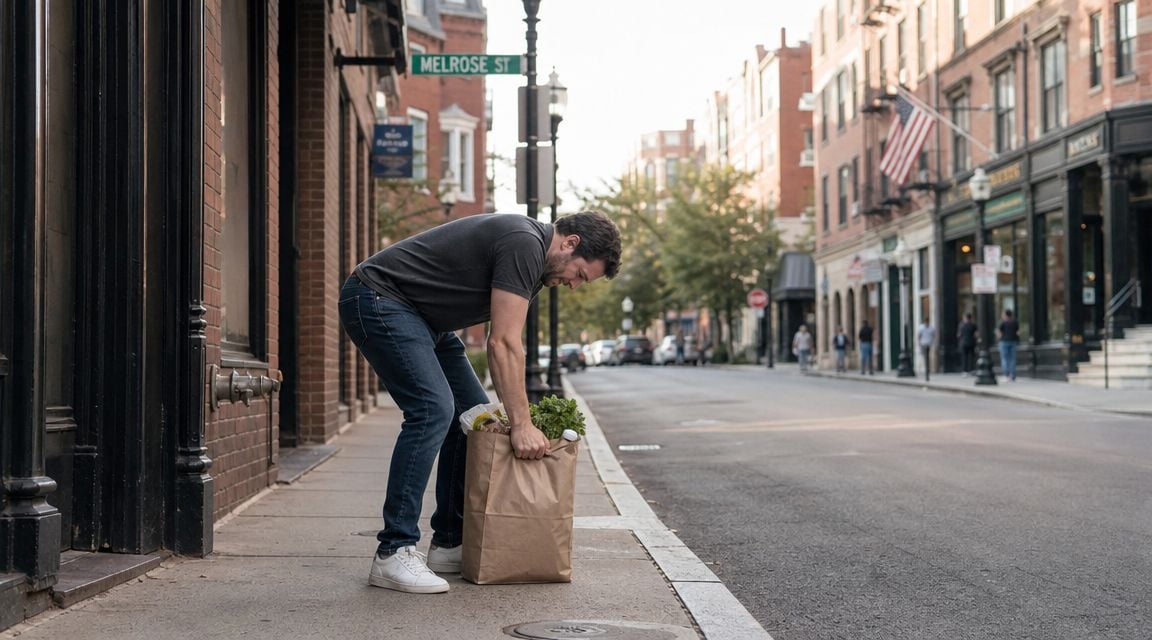 A man bending over to lift a grocery bag off the sidewalk in downtown Boston.