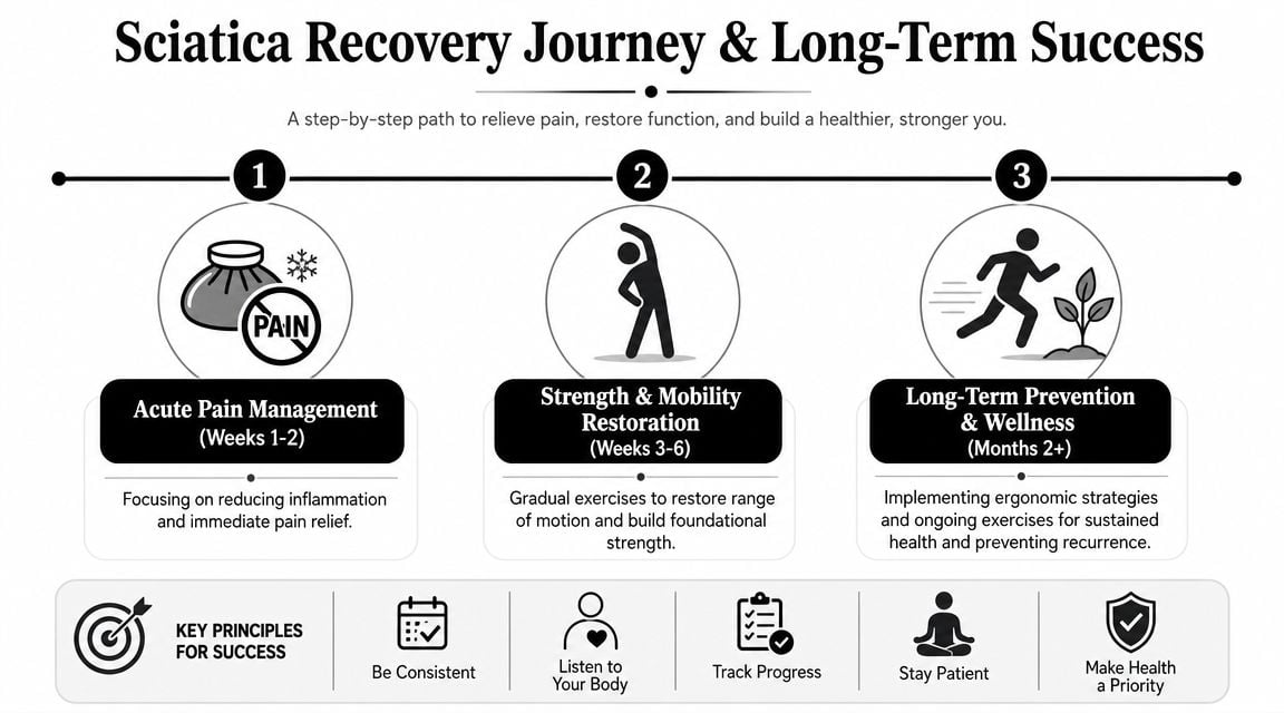 A three-step infographic outlining a sciatica recovery journey, including acute pain management, strength restoration, and long-term prevention.