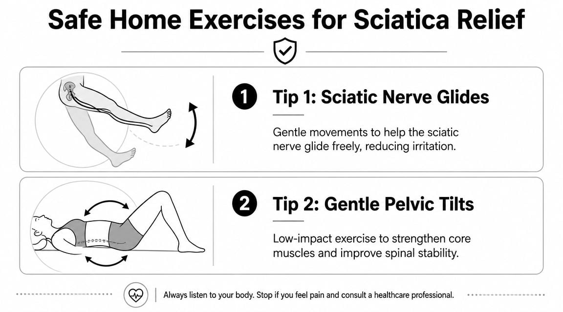 A visual guide showing two safe home exercises for sciatica relief, including nerve glides and pelvic tilts.