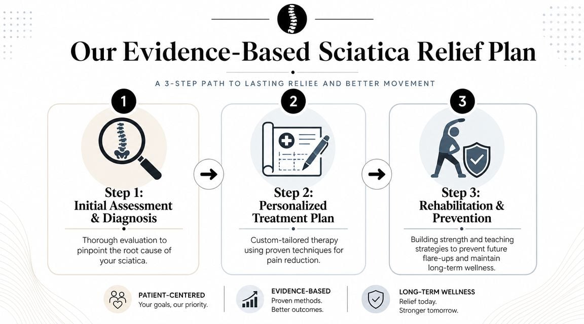 A three-step infographic outlining a physical therapy treatment plan for sciatica relief and long-term wellness.
