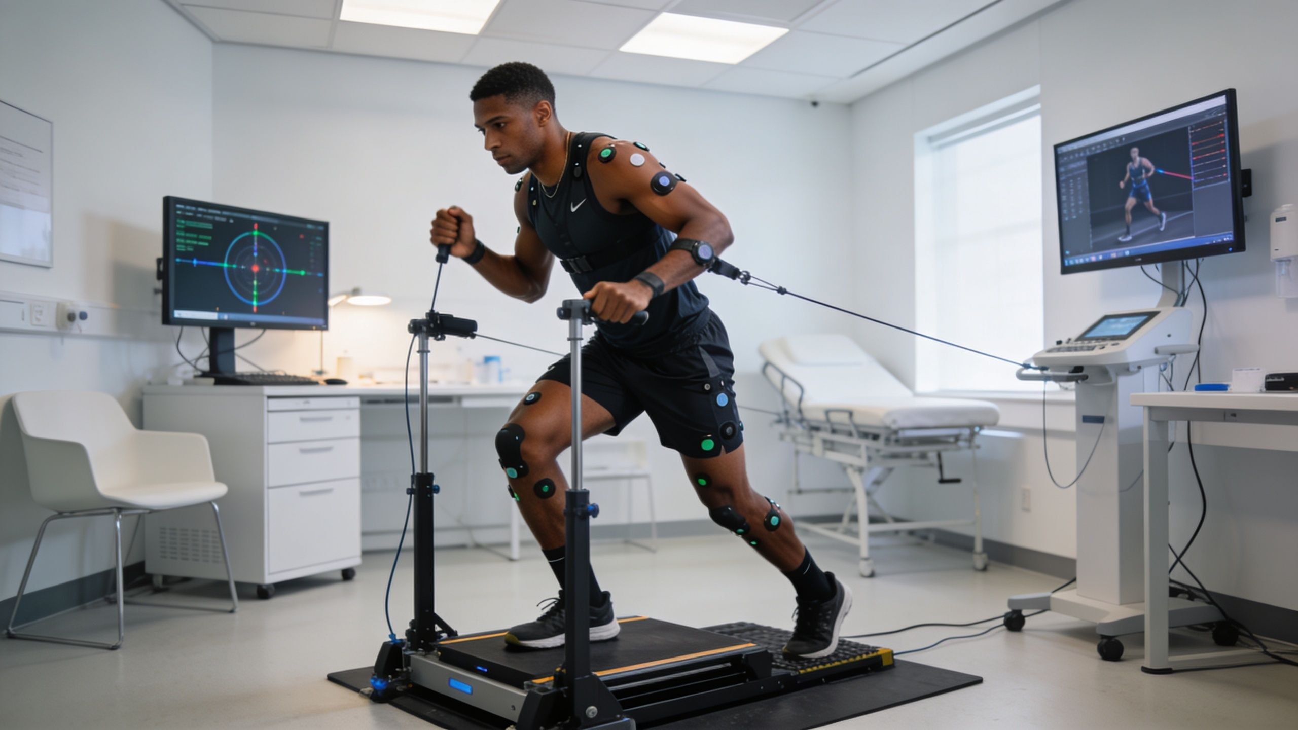 An athlete undergoes performance testing with motion capture sensors while training on specialized equipment in a clinic.
