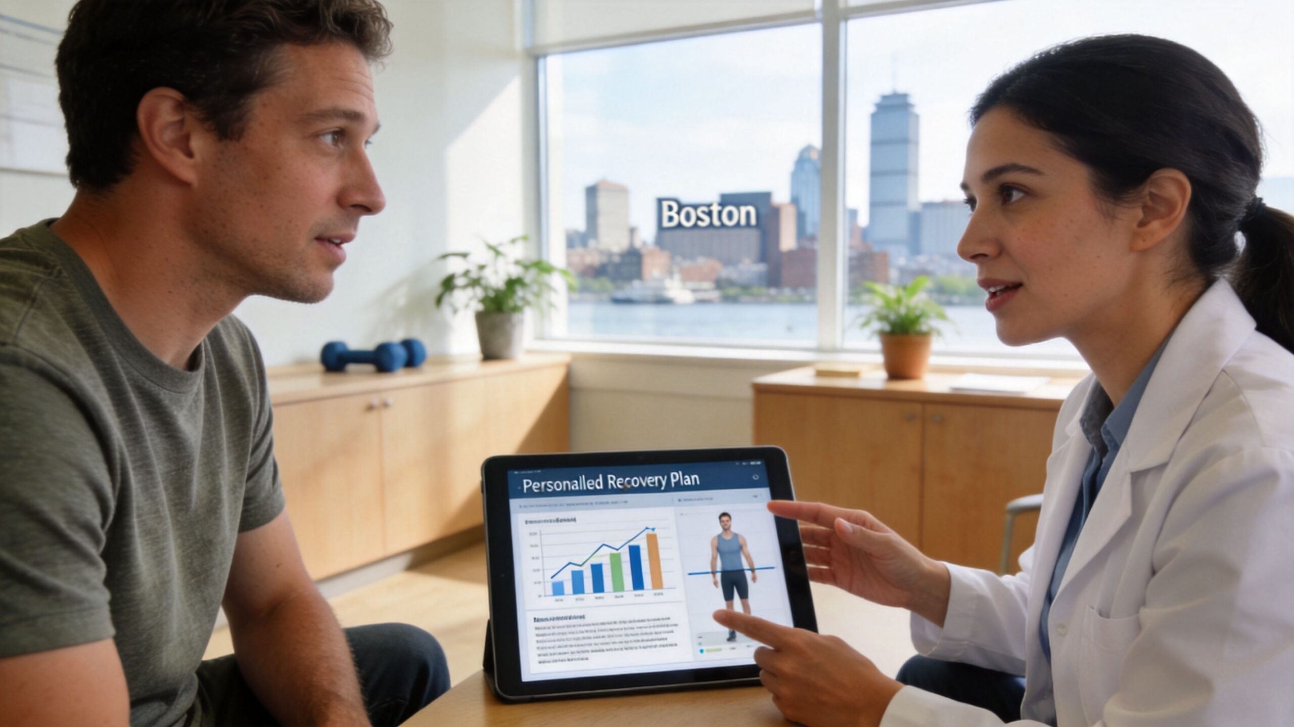 A physical therapist shows a patient a personalized recovery plan on a tablet in a Boston office.