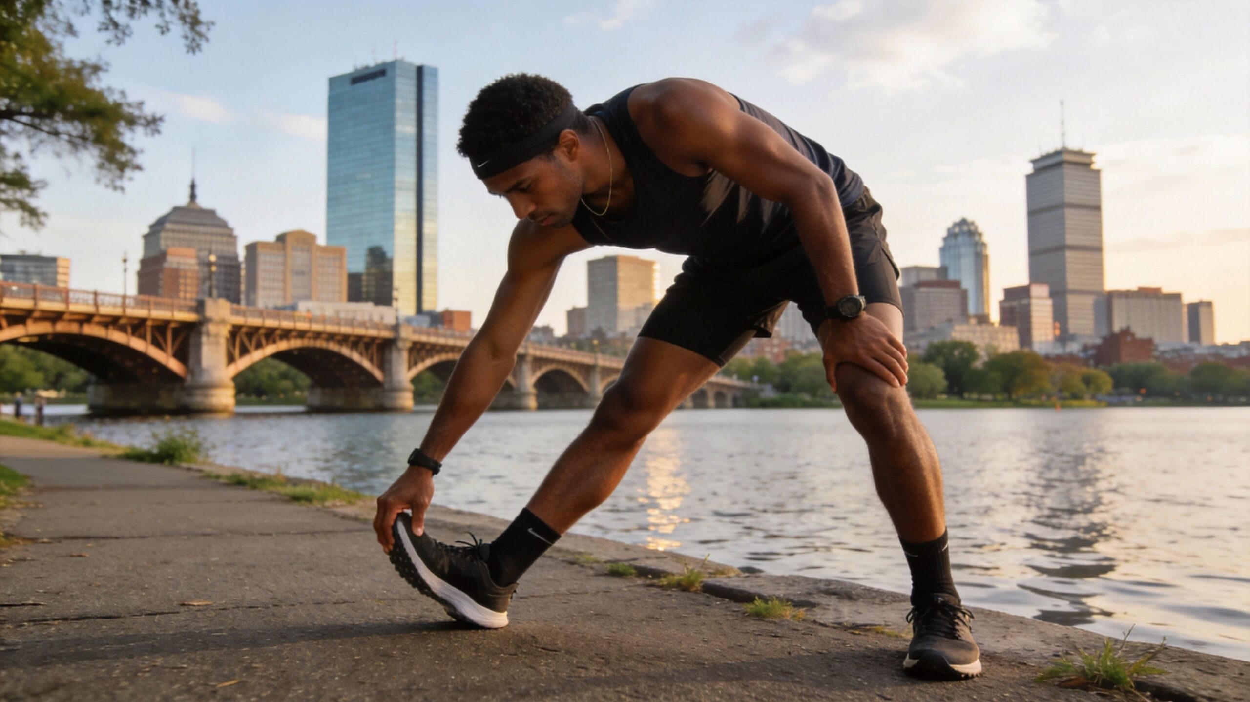 A fit man stretching his leg by the Charles River with the Boston skyline in the background.