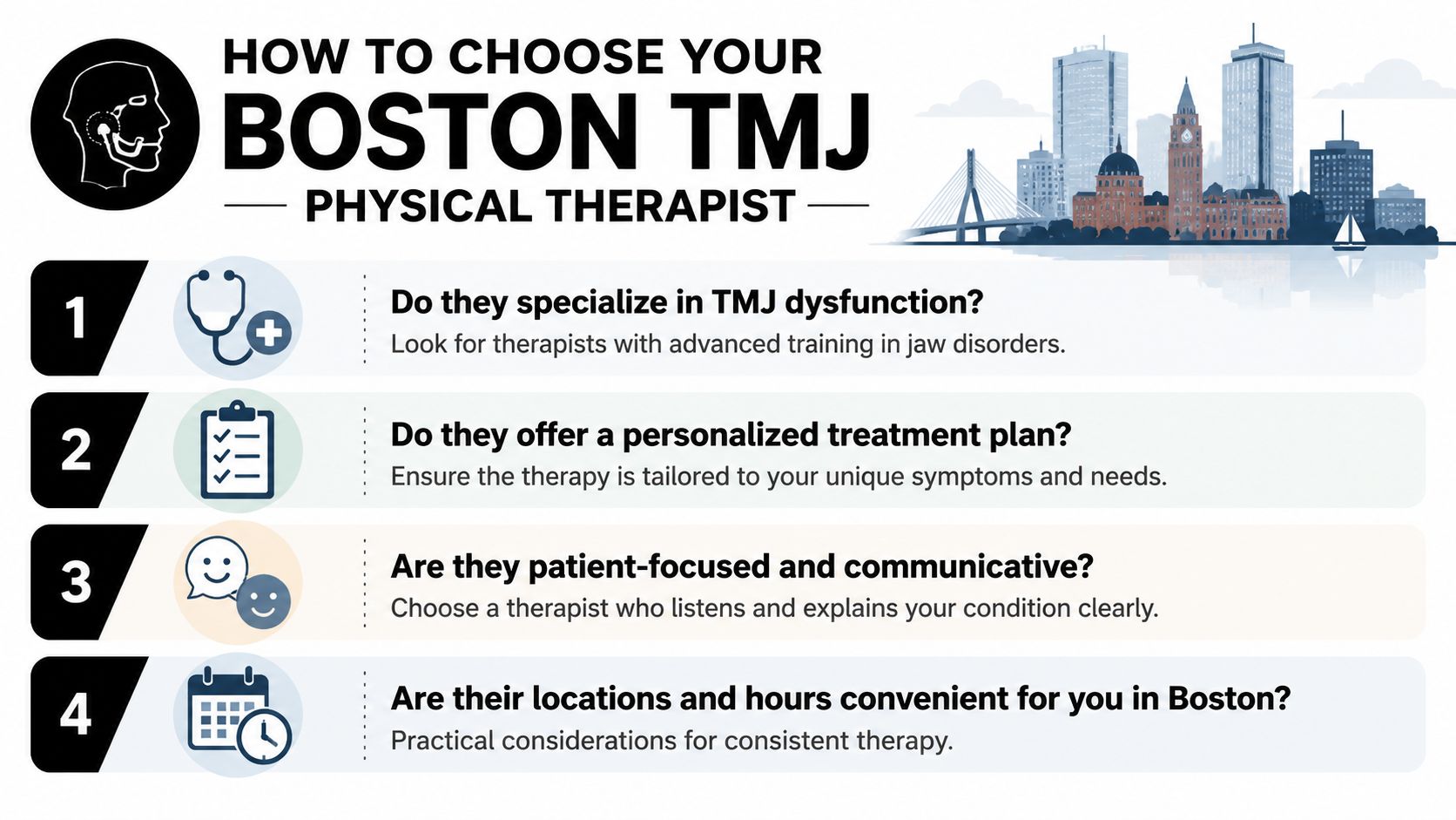 A guide listing four essential factors to consider when choosing a TMJ physical therapist in Boston.