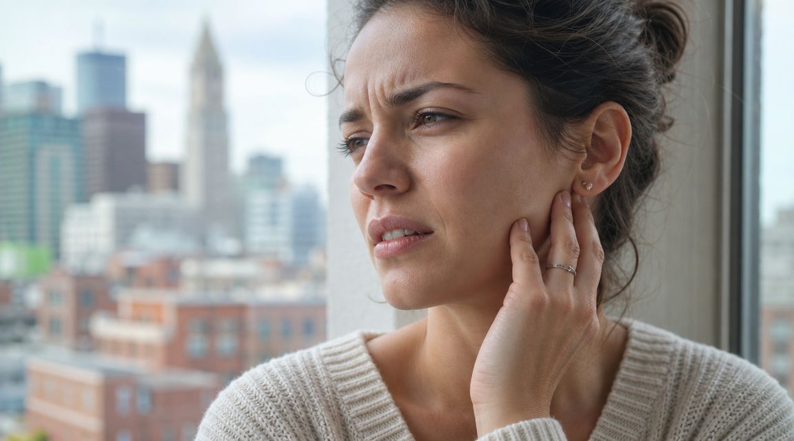 A young woman with a concerned expression holding her jaw, suggesting discomfort from TMJ pain in Boston.