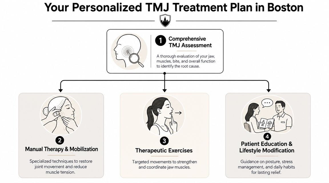 An infographic outlining a four-step personalized physical therapy treatment plan for managing TMJ disorders in Boston.