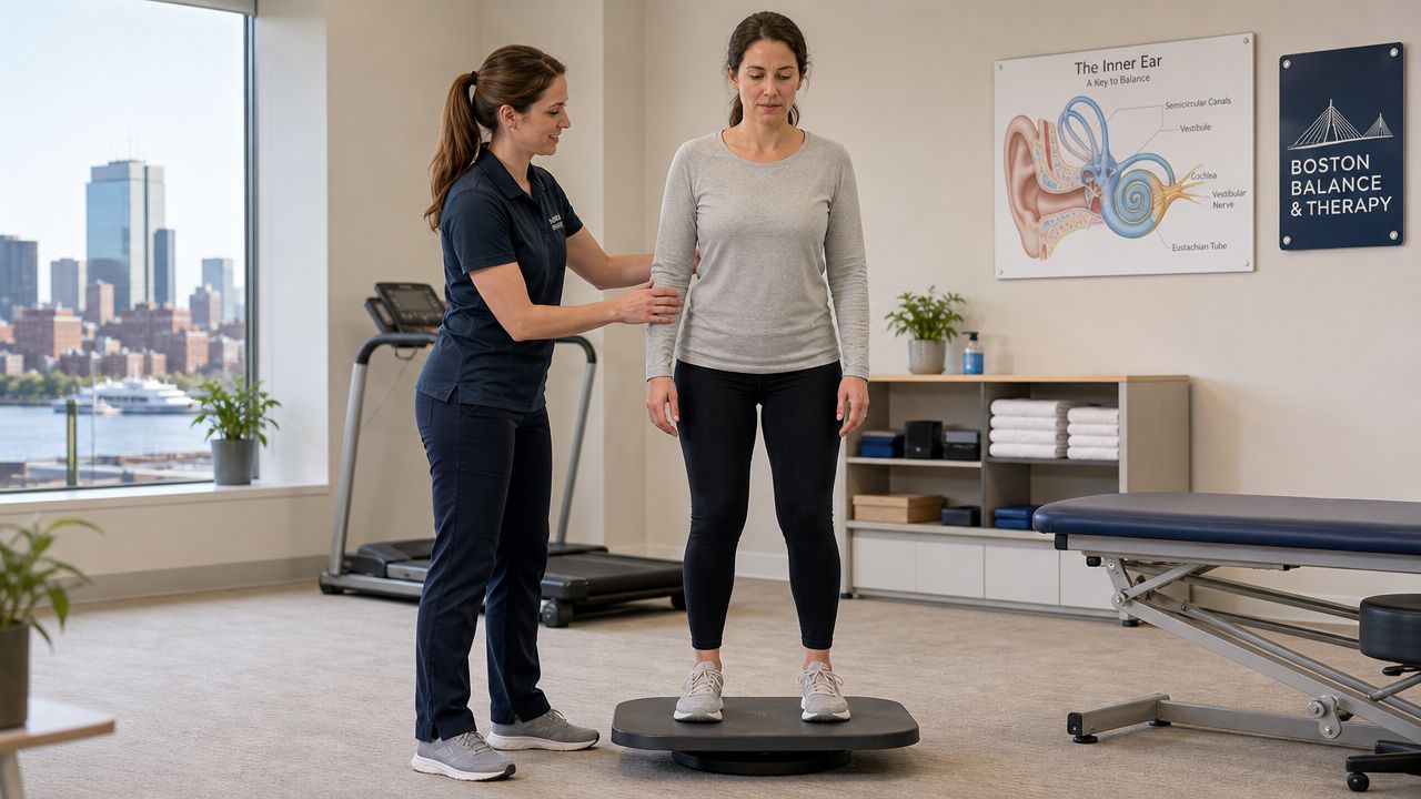 A physical therapist assists a patient performing balance exercises on a foam disc in a clinic.