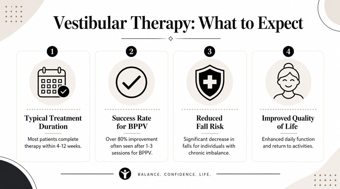 An infographic titled Vestibular Therapy: What to Expect, outlining treatment duration, success rates, fall risk, and quality of life.