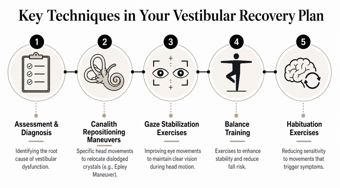 A diagram illustrating five key techniques for a vestibular recovery plan including assessment, repositioning, and exercises.