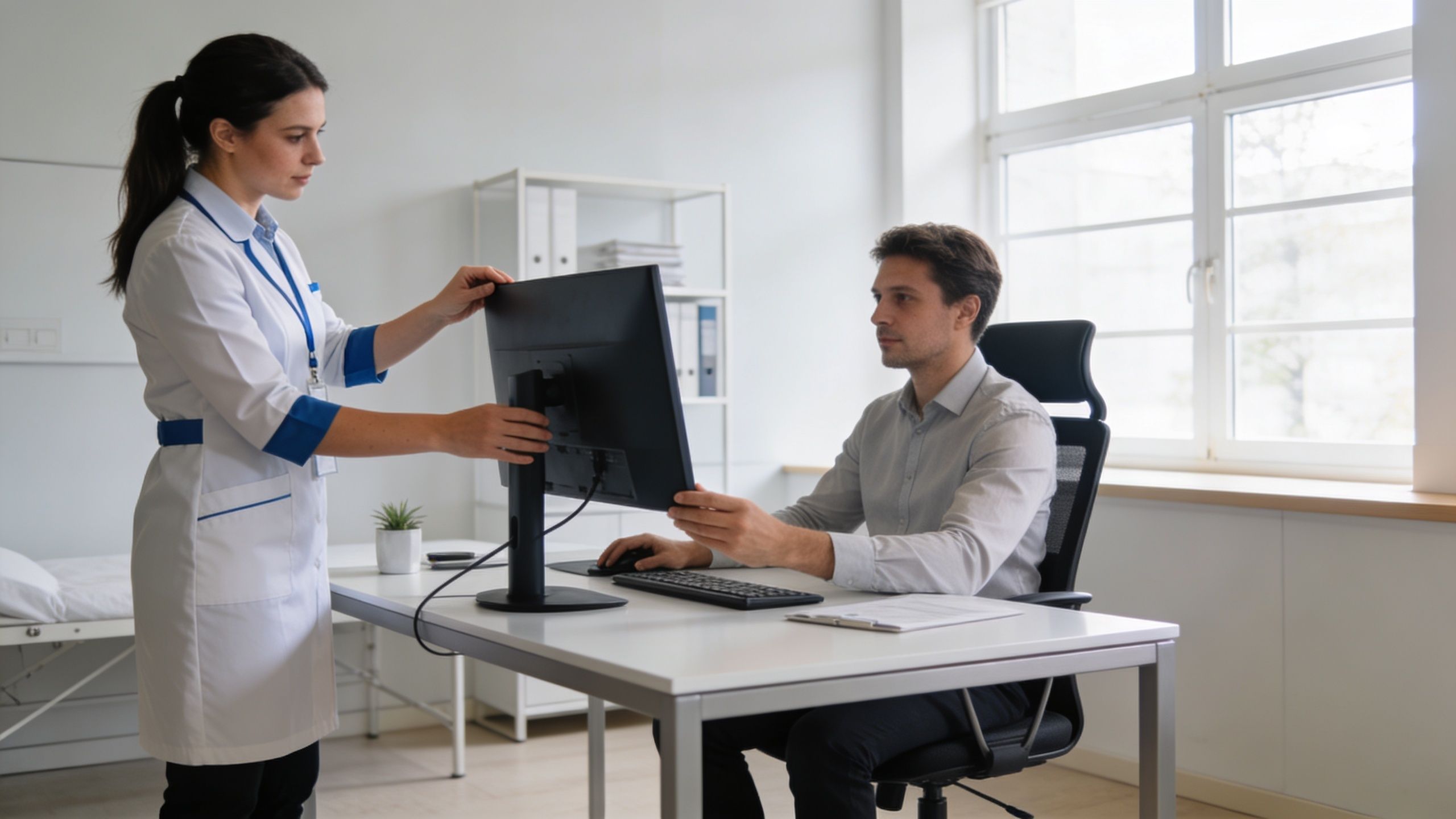 A physical therapist adjusting an office monitor for a patient to improve his workstation ergonomics.