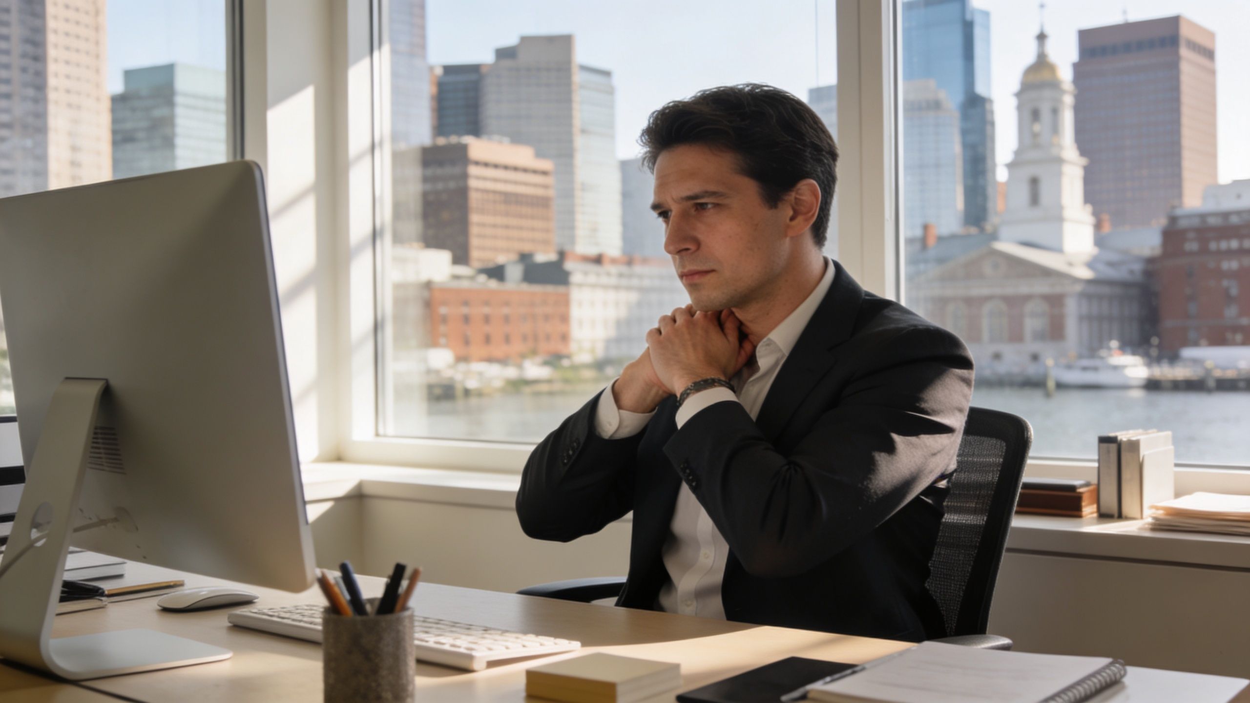 A professional man at a desk by a window with a Boston cityscape background in pain.