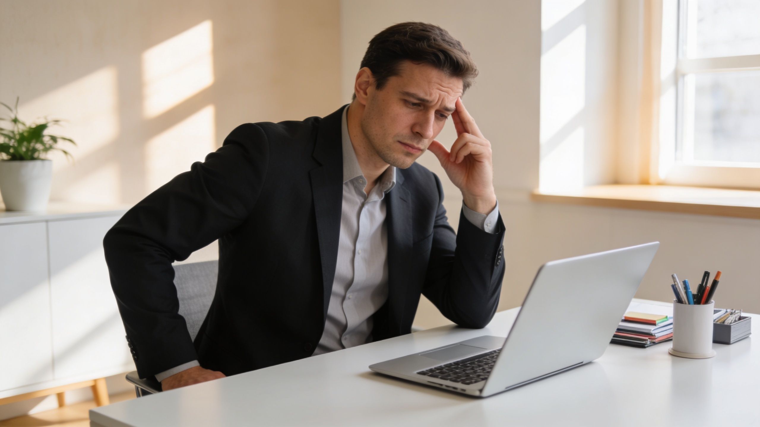 A professional man sitting at a desk appearing stressed while looking at his laptop screen in office.