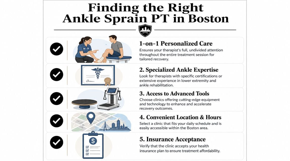 An infographic titled Finding the Right Ankle Sprain PT in Boston outlining five essential tips for choosing care.