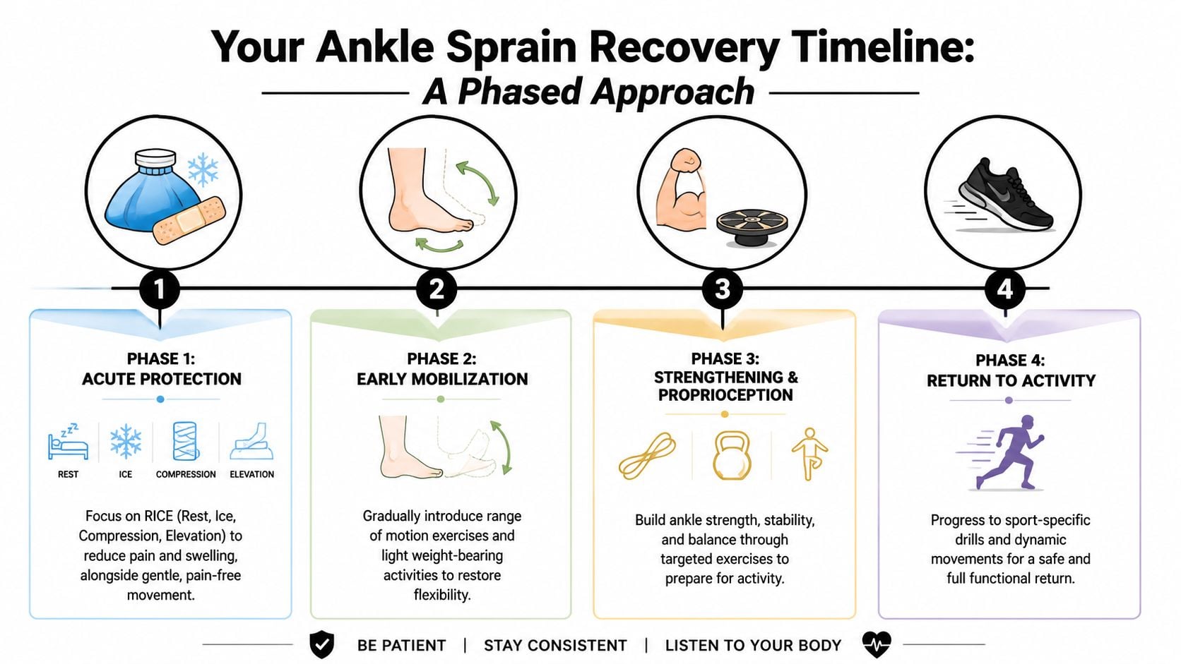 A four-phase ankle sprain recovery timeline infographic illustrating steps from acute protection to returning to activity.