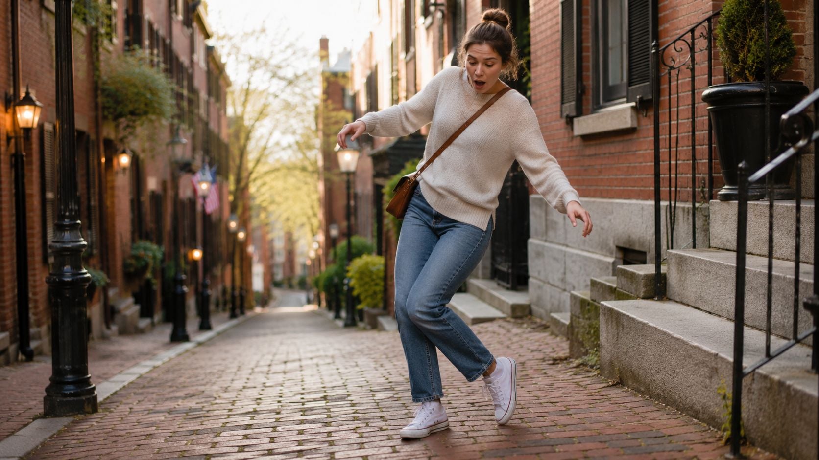 A young woman tripping and looking surprised while walking on a historic cobblestone street in Boston.