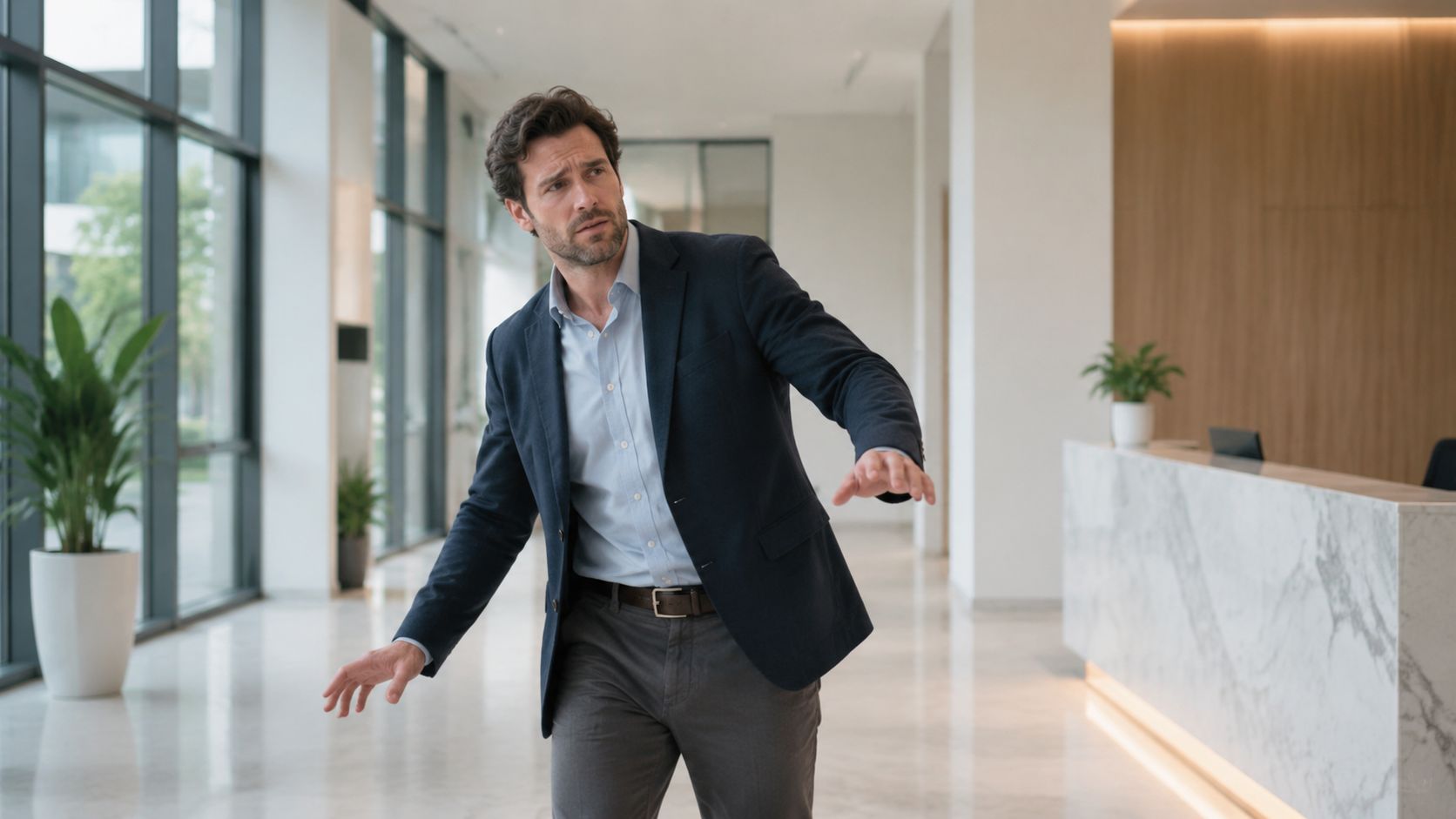 A man in a suit looking disoriented and losing his balance in a modern office lobby.